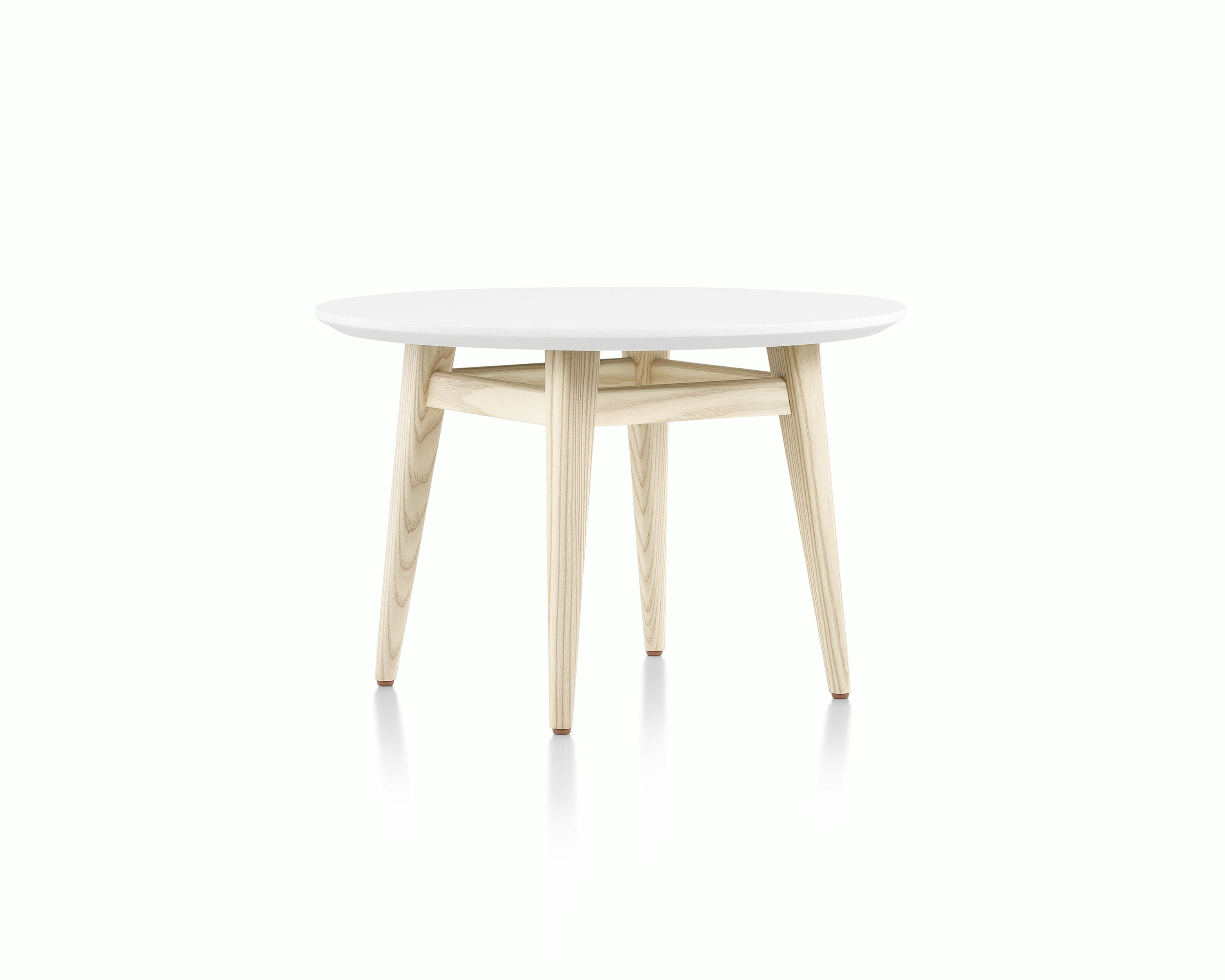 Small round Palisade table with solid surface top and wood legs.