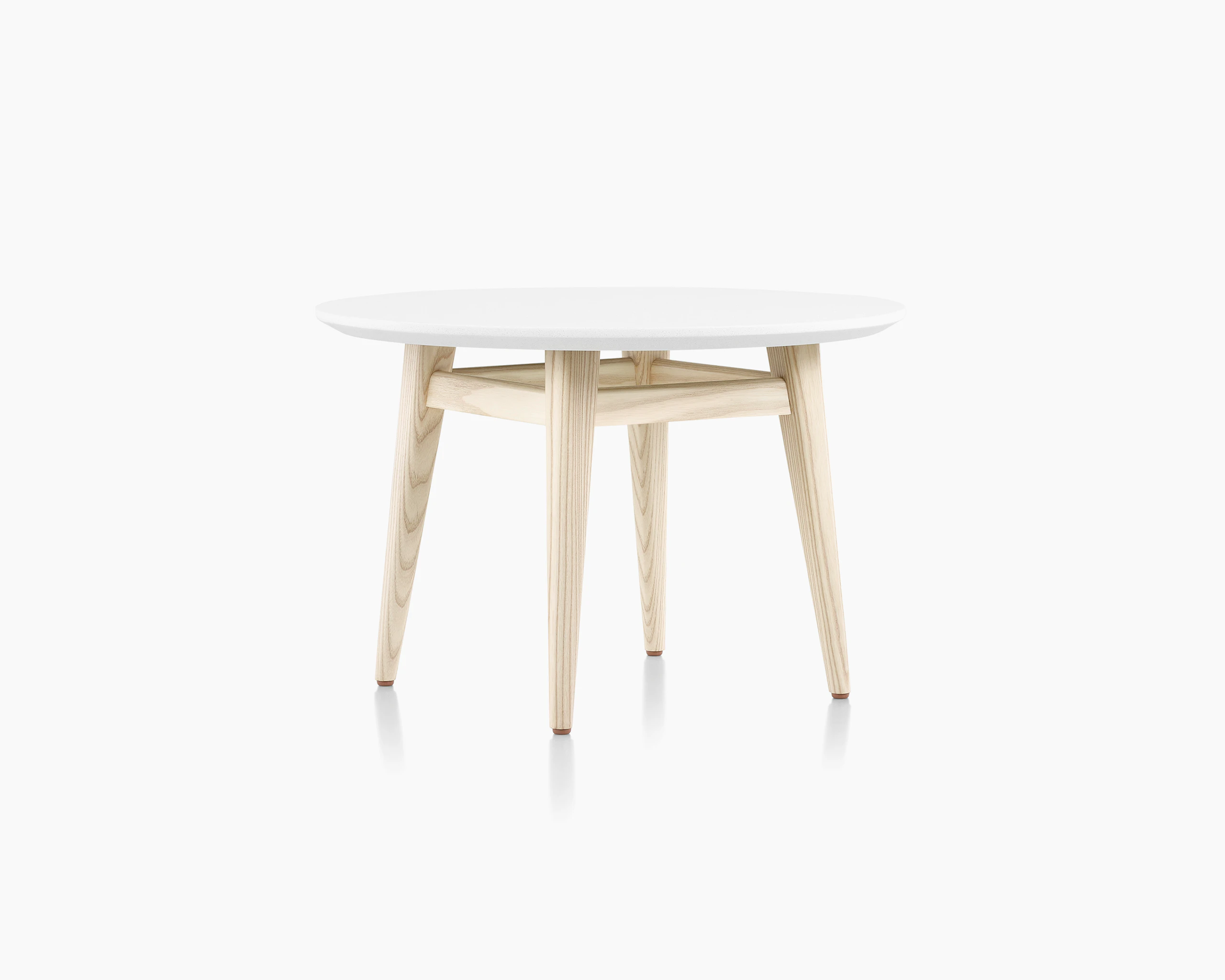 Small round Palisade table with solid surface top and wood legs.