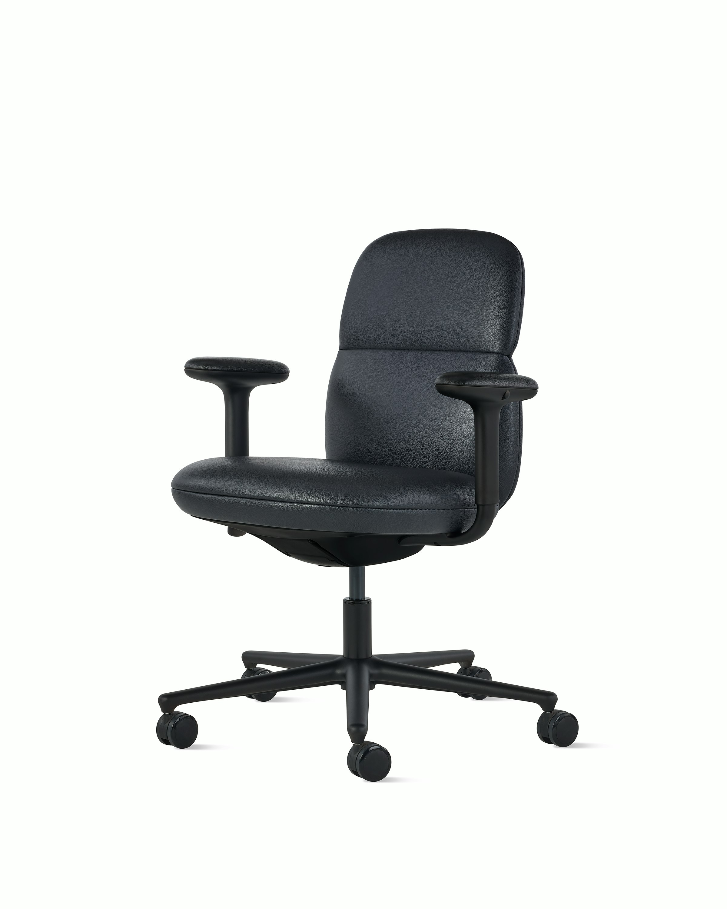 Front angle view of a mid-back Asari chair by Herman Miller in black leather with height adjustable arms.