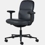 Front angle view of a mid-back Asari chair by Herman Miller in black leather with height adjustable arms.