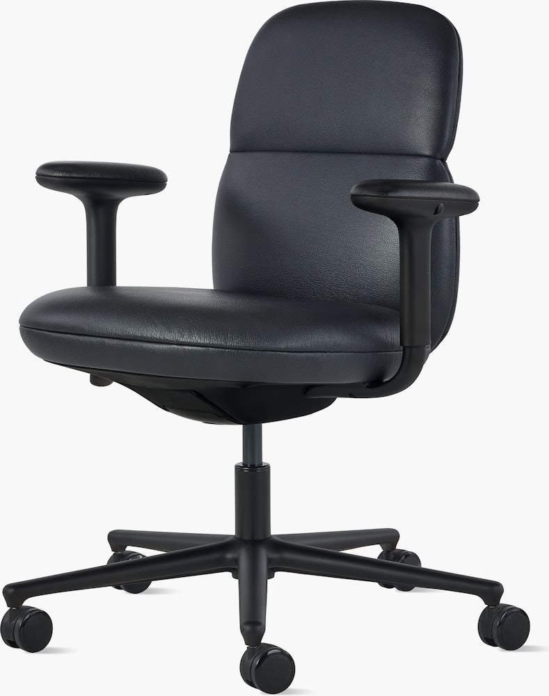 Front angle view of a mid-back Asari chair by Herman Miller in black leather with height adjustable arms.