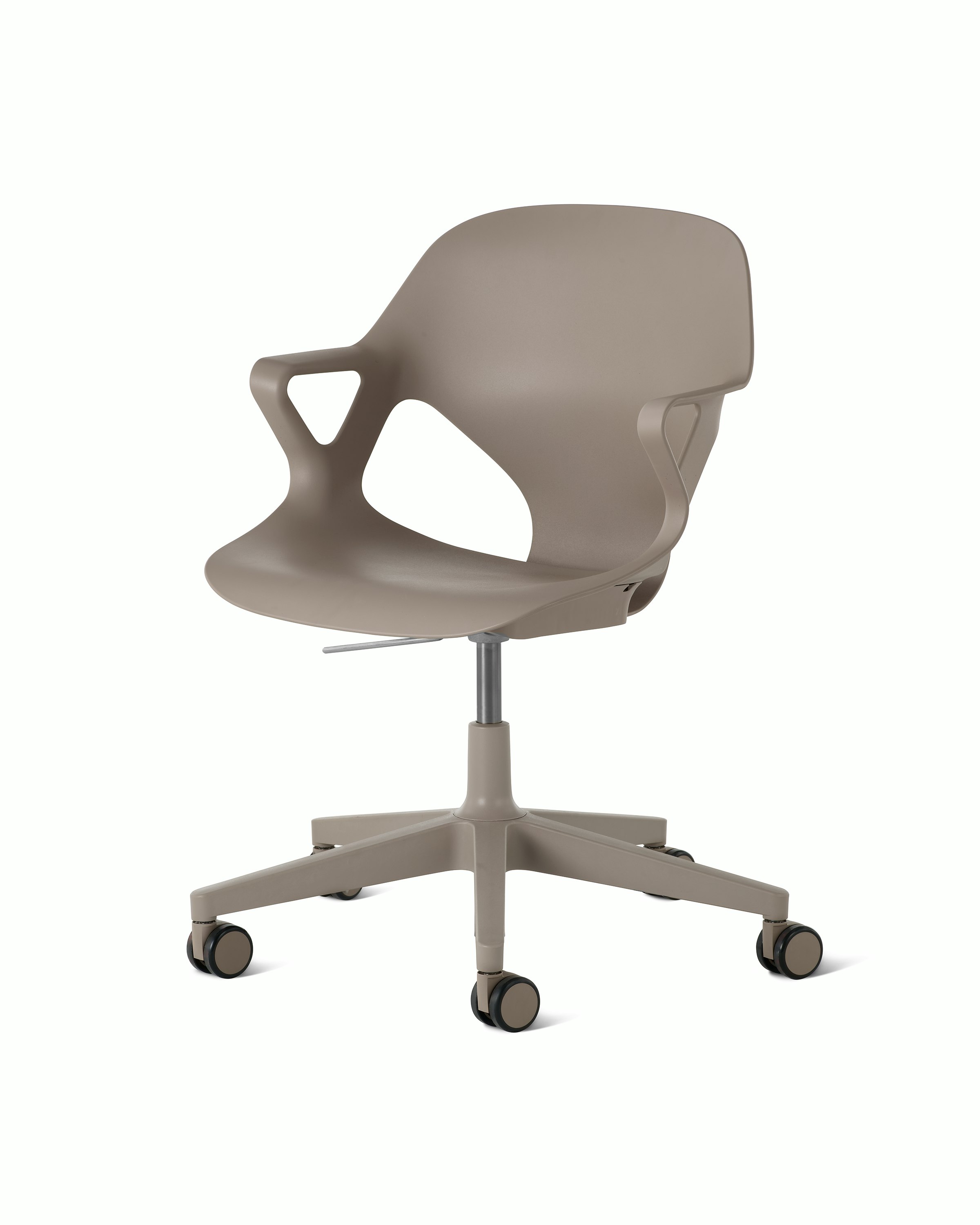 Front angle view of a Zeph chair with fixed arms in light brown.