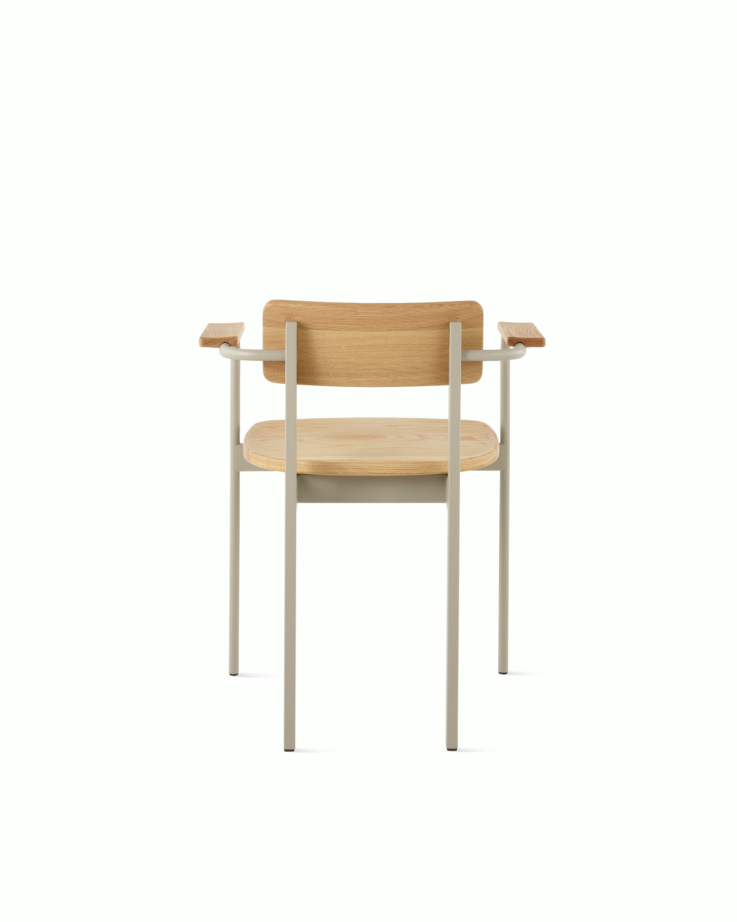 A Betwixt Chair with oak seat, backrest, arms and a grey frame. 
