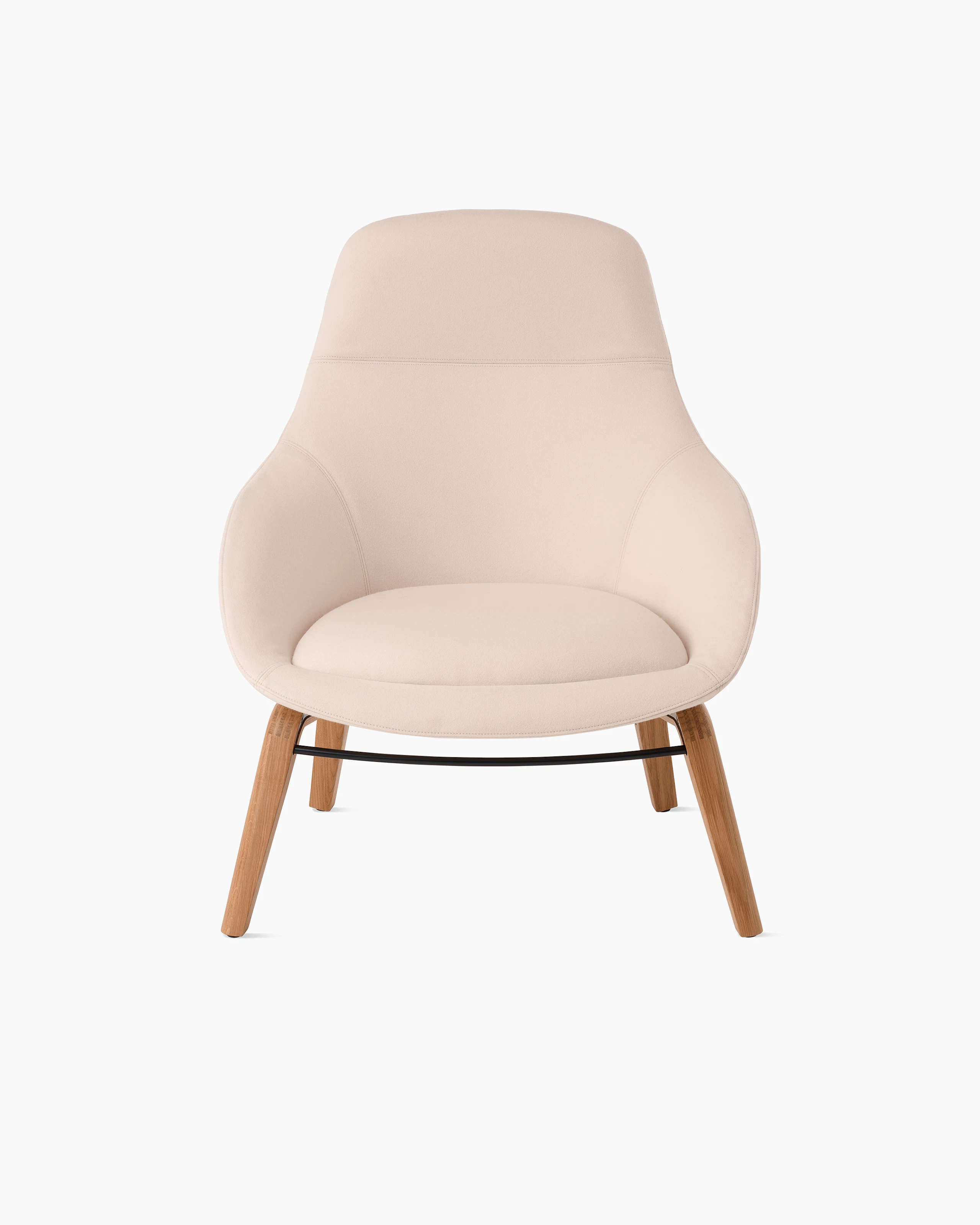 White background shot of Always Lounge Chair with cream fabric and wooden legs.