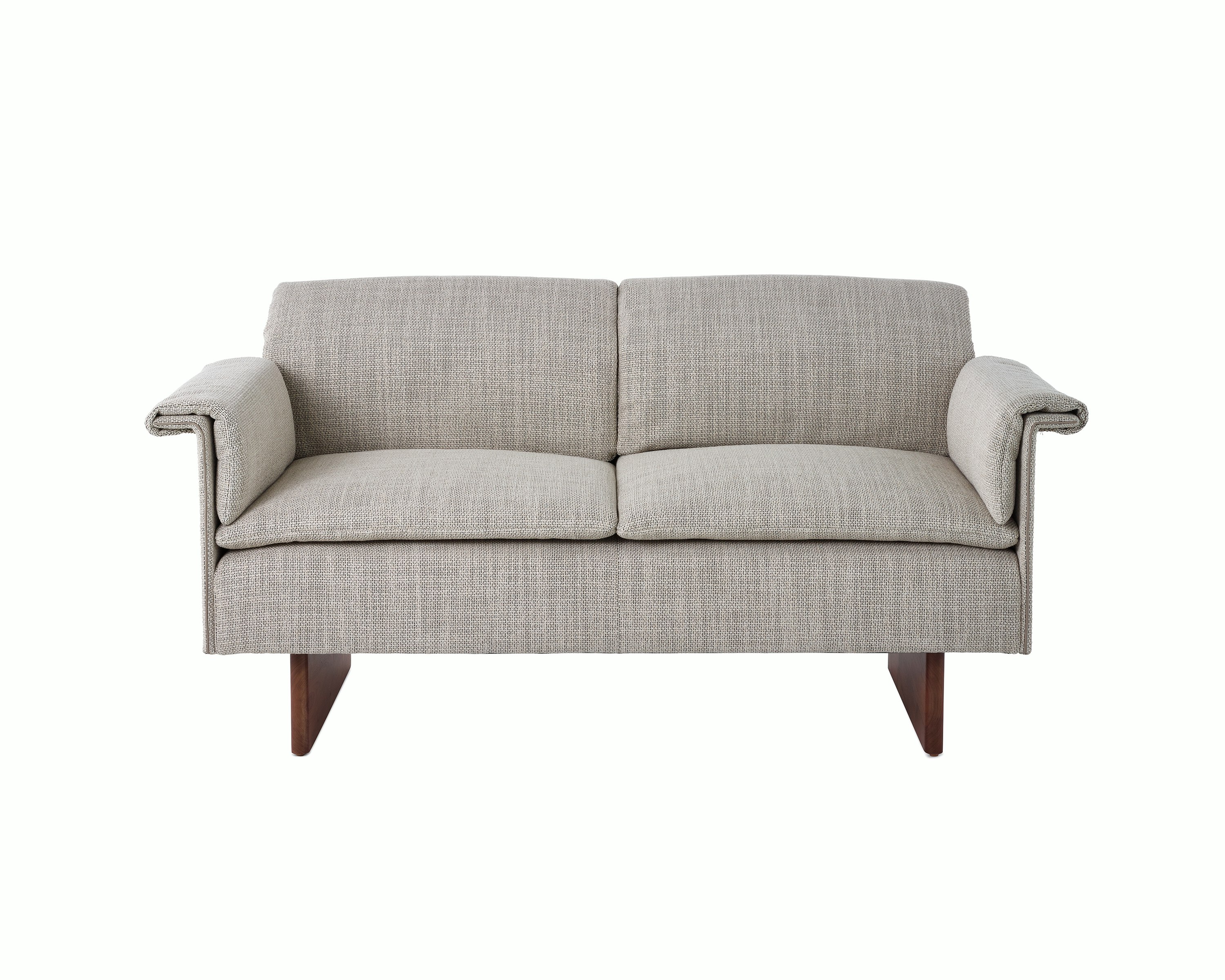 Mantle Two Seater Sofa in Capri Stone with Walnut Wood Base, viewed from the front.