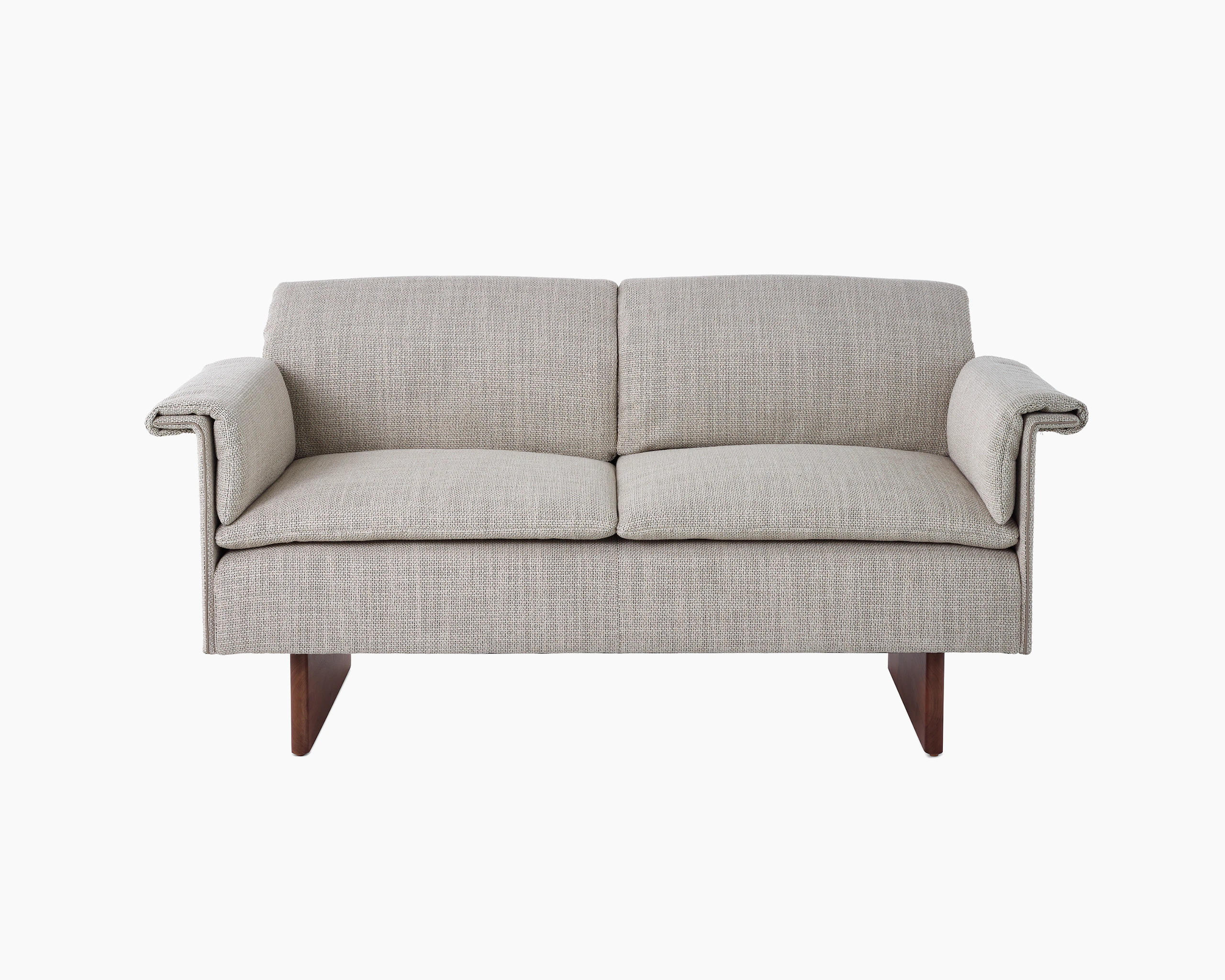 Mantle Two Seater Sofa in Capri Stone with Walnut Wood Base, viewed from the front.