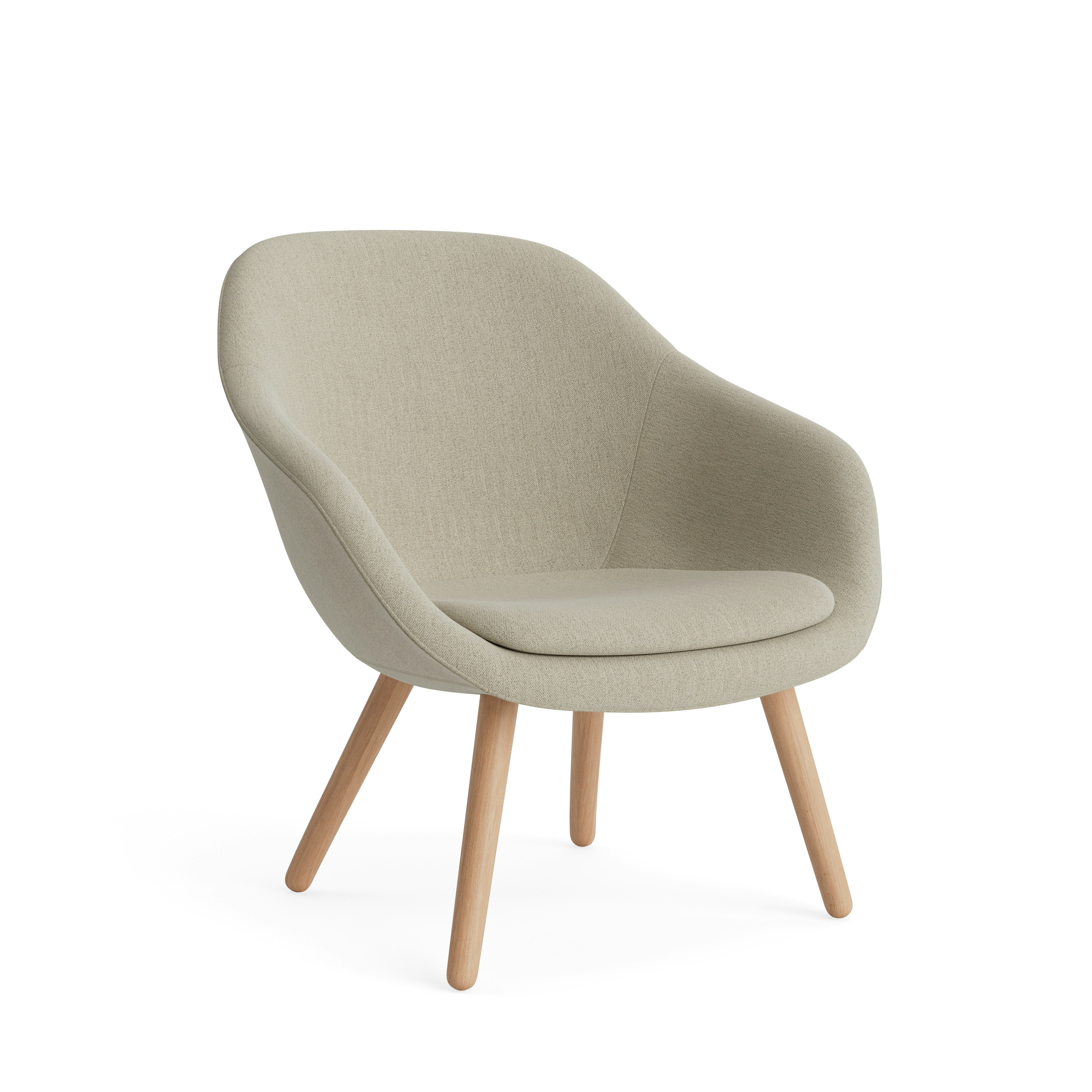 A front angle view of the About A Lounge Chair with a low back and wood base.