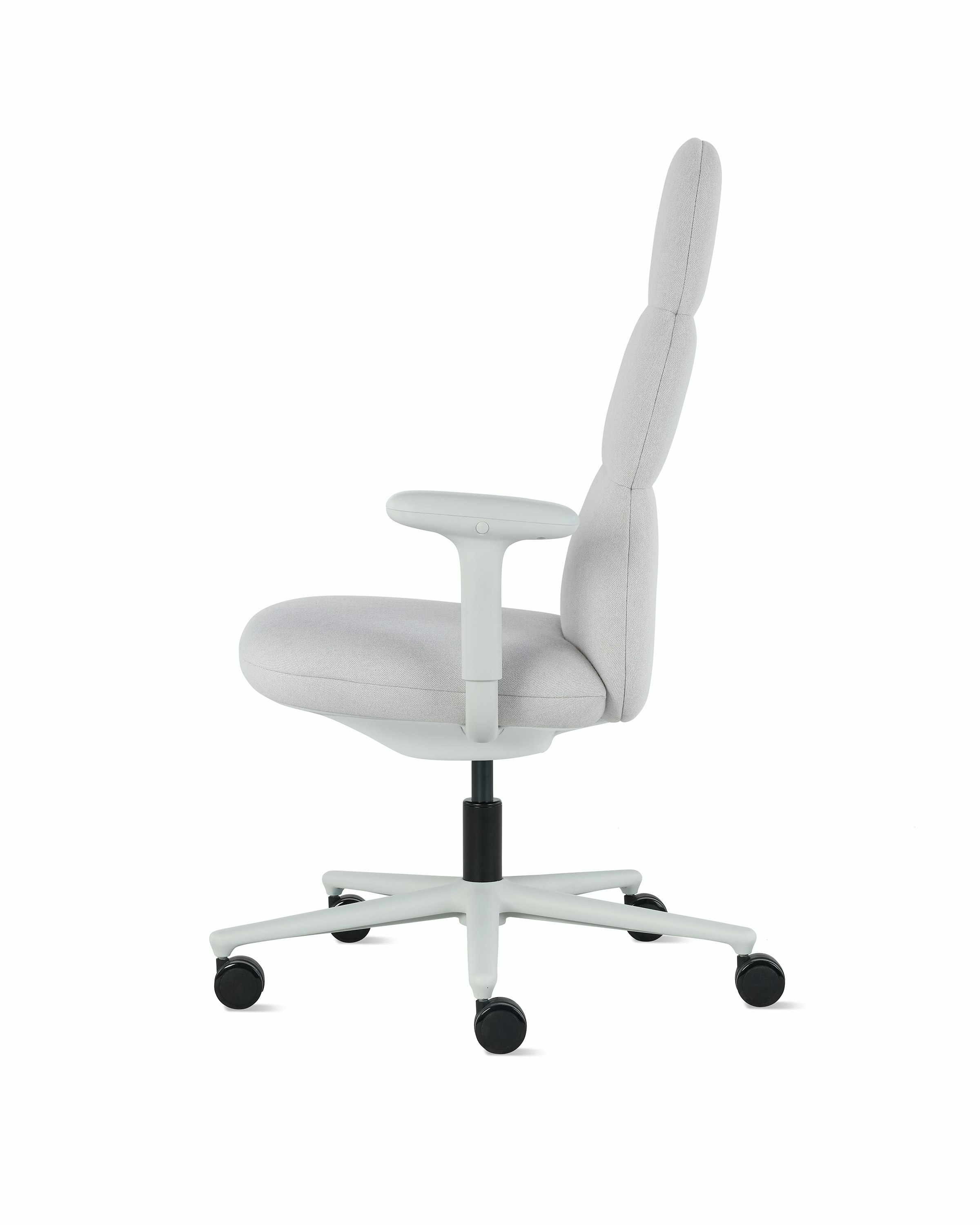 Side view of a high-back Asari chair by Herman Miller in light grey with height adjustable arms.