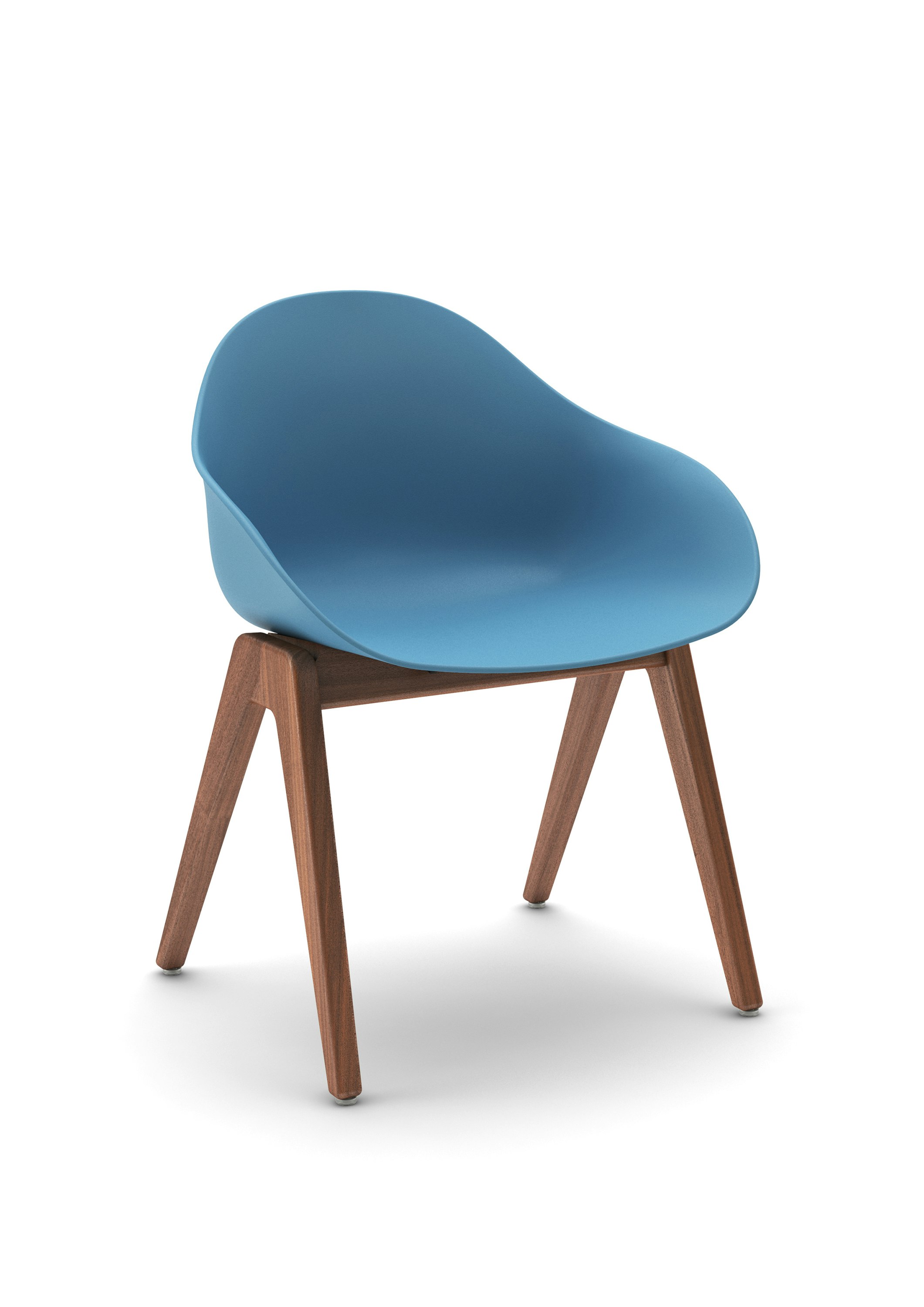 Three-quarter view of a blue Ruby Wood Chair with walnut legs.