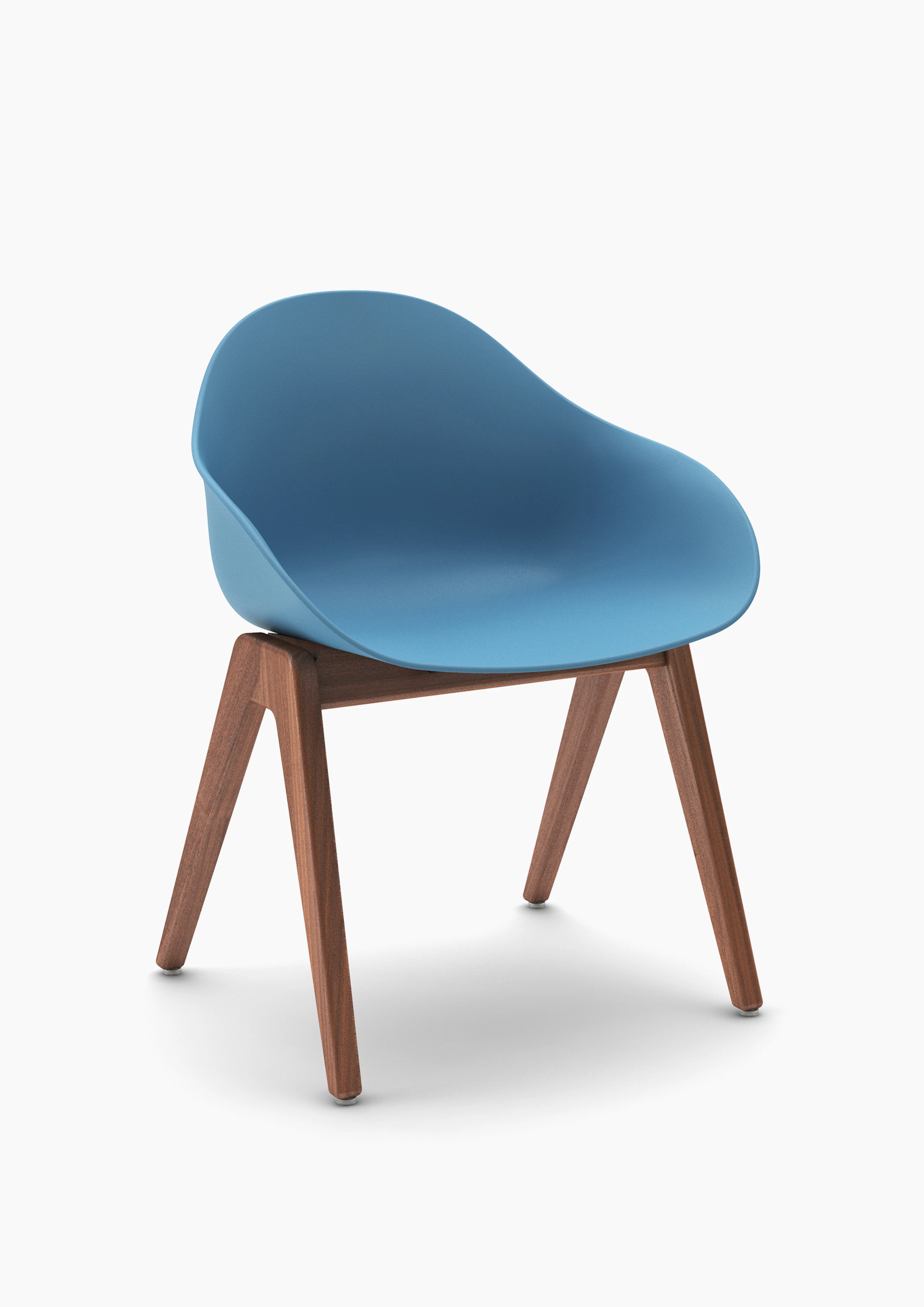 Three-quarter view of a blue Ruby Wood Chair with walnut legs.