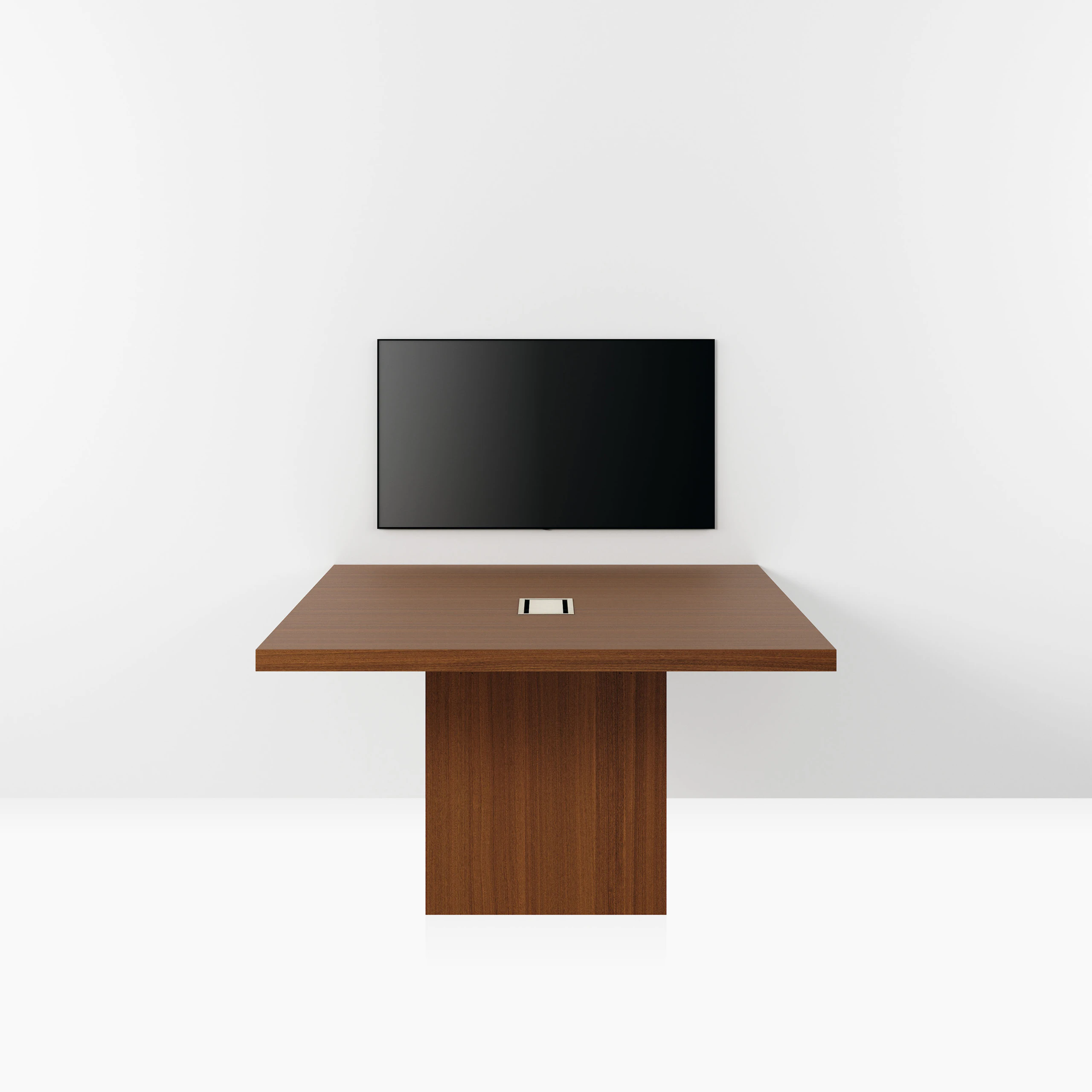 JD Media Table in Natural Quarter Cut Walnut with a 2 inch thick top viewed from the front.