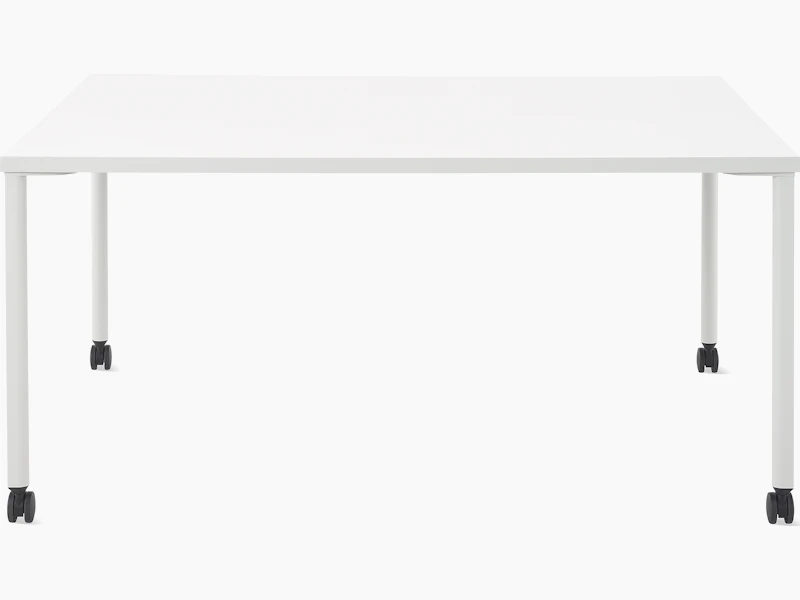 White and grey OE1 Project Table with casters, viewed from the front.