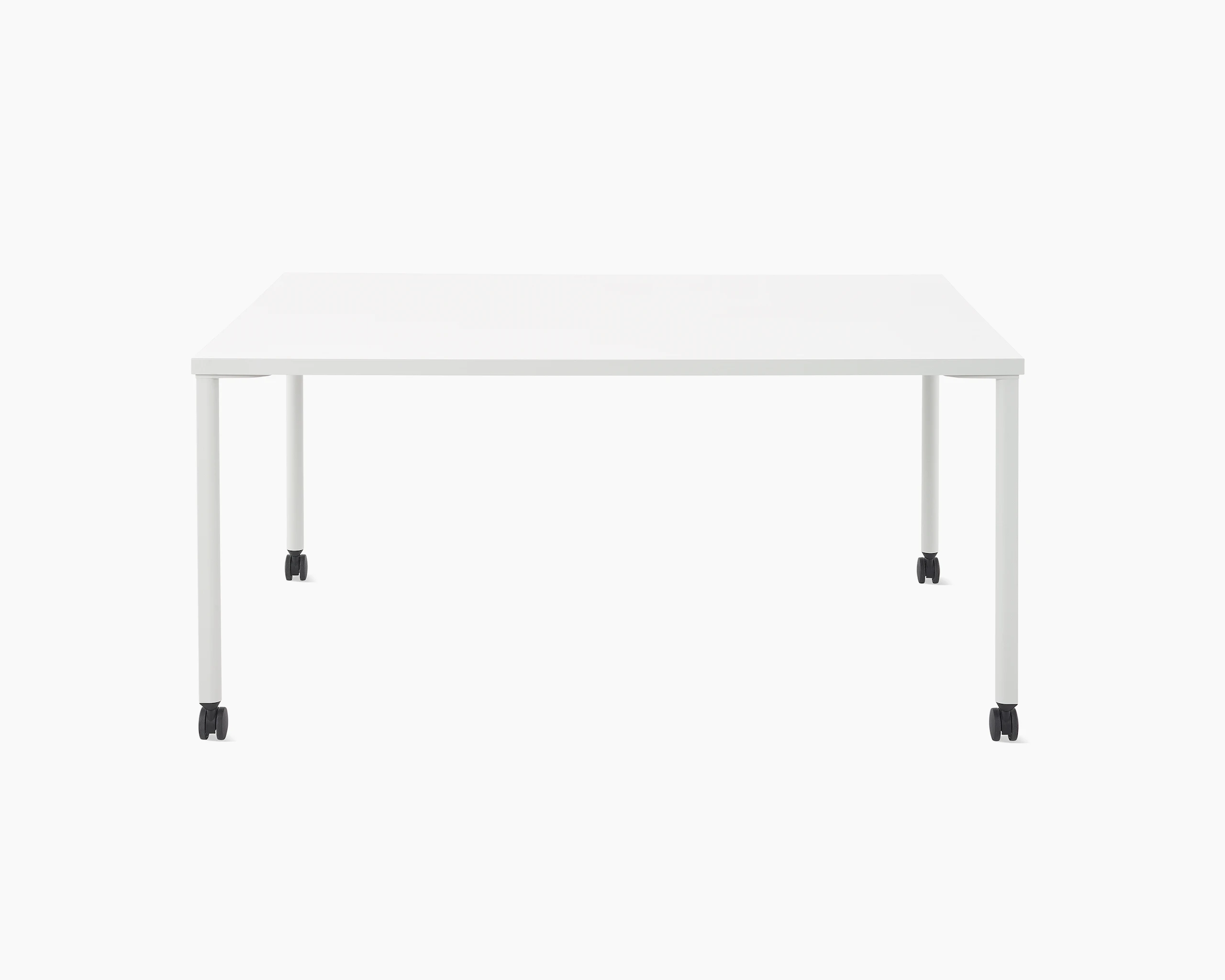 White and grey OE1 Project Table with casters, viewed from the front.