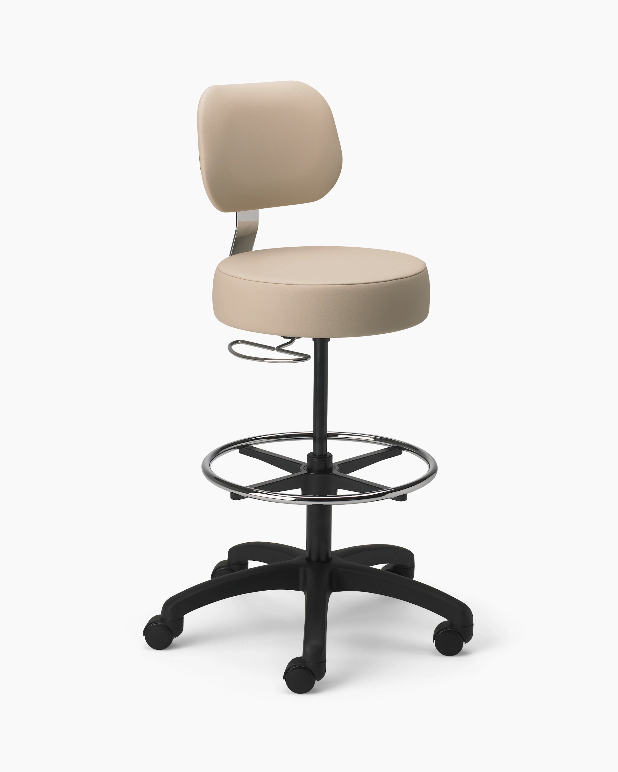 Lab Stool in a beige upholstered seat and back and a chrome base with D-ring adjustment, footrest, and a 5-star base with casters.