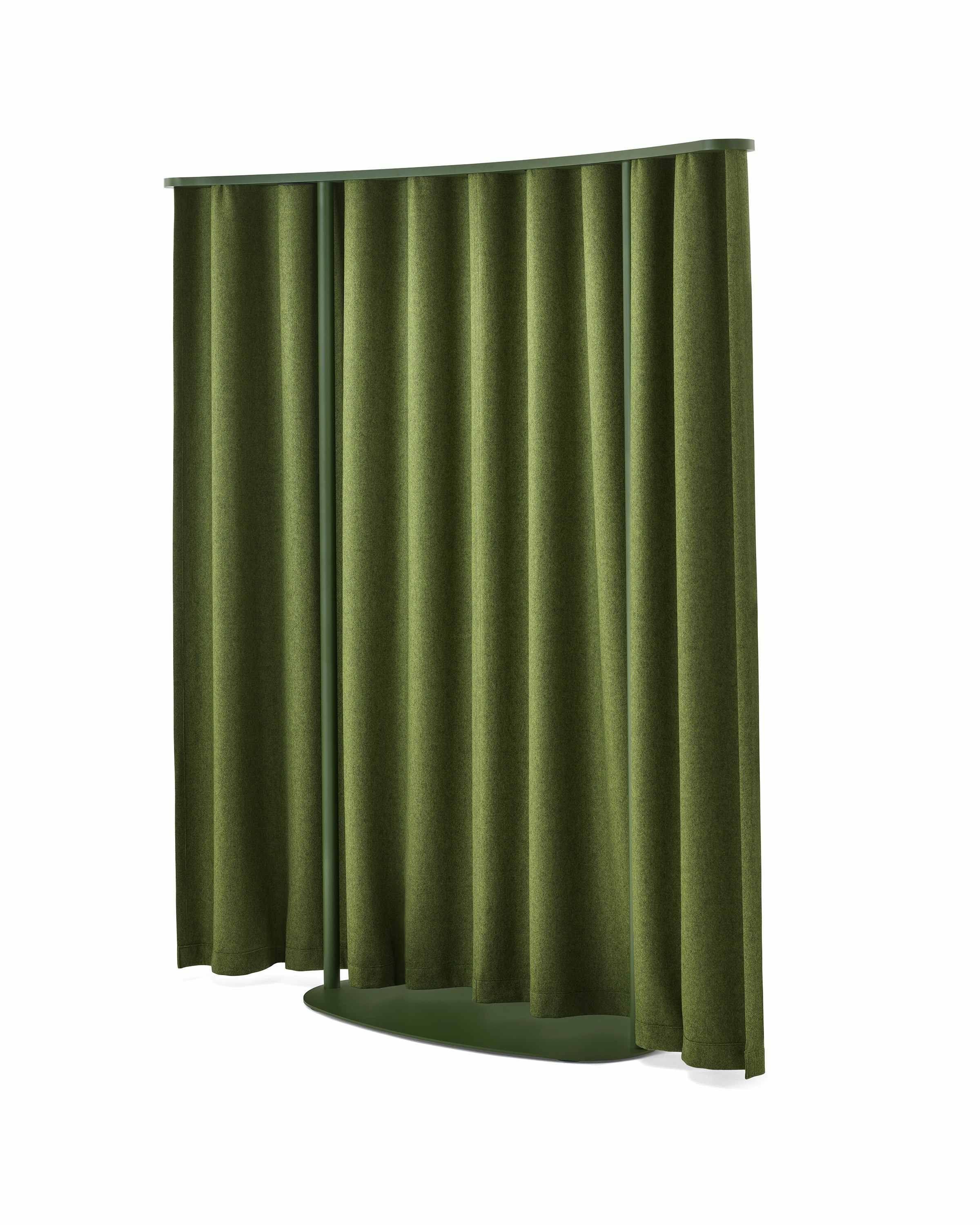 Green, curved OE1 Freestanding Curtain with green frame viewed from a rear angle.