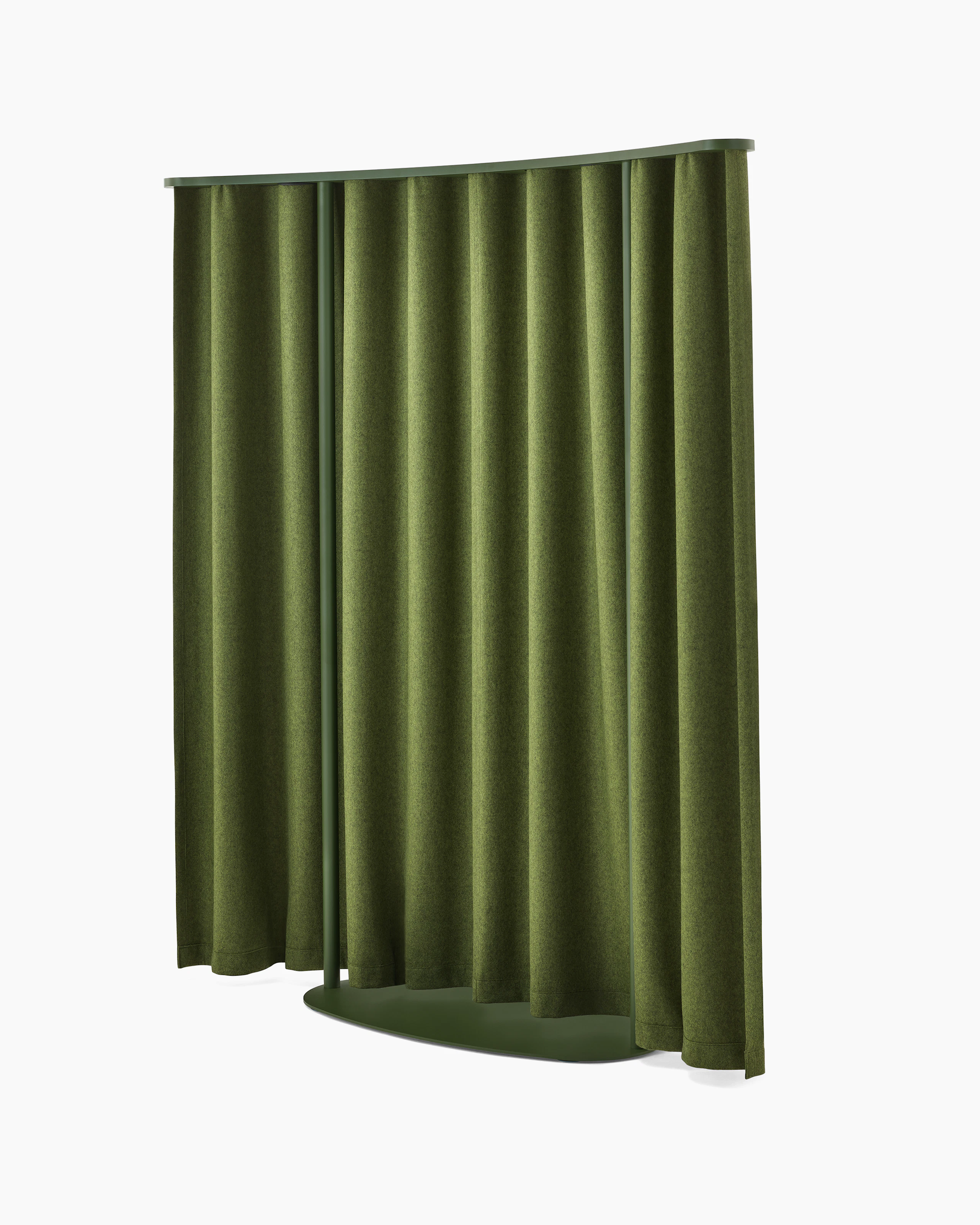 Green, curved OE1 Freestanding Curtain with green frame viewed from a rear angle.