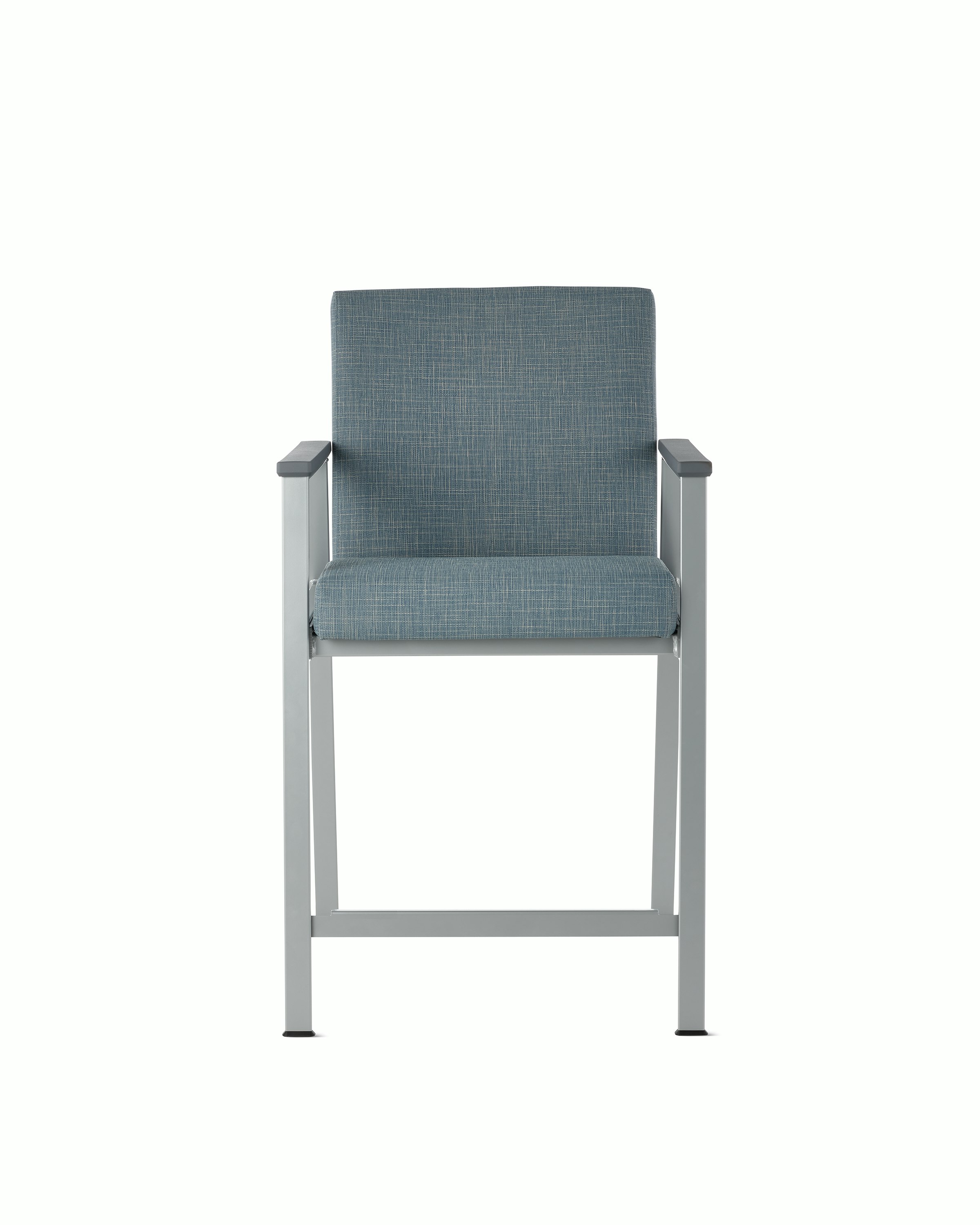 Front view of an Easton Easy Access Chair with blue upholstery, metallic silver four leg base and slate grey arm caps.