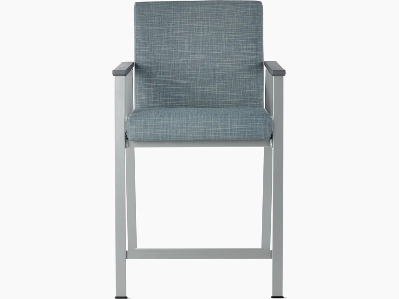 Front view of an Easton Easy Access Chair with blue upholstery, metallic silver four leg base and slate grey arm caps.
