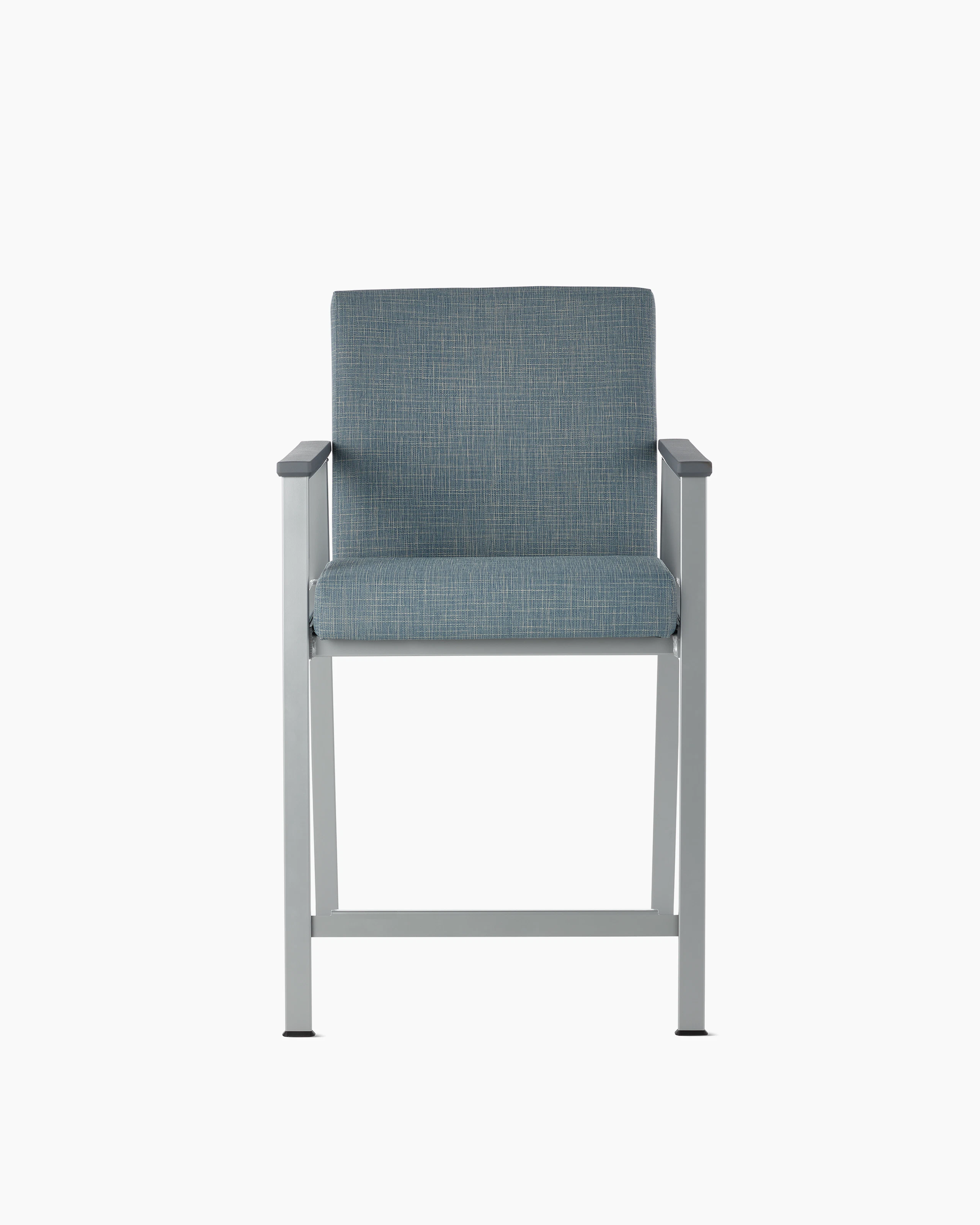 Front view of an Easton Easy Access Chair with blue upholstery, metallic silver four leg base and slate grey arm caps.