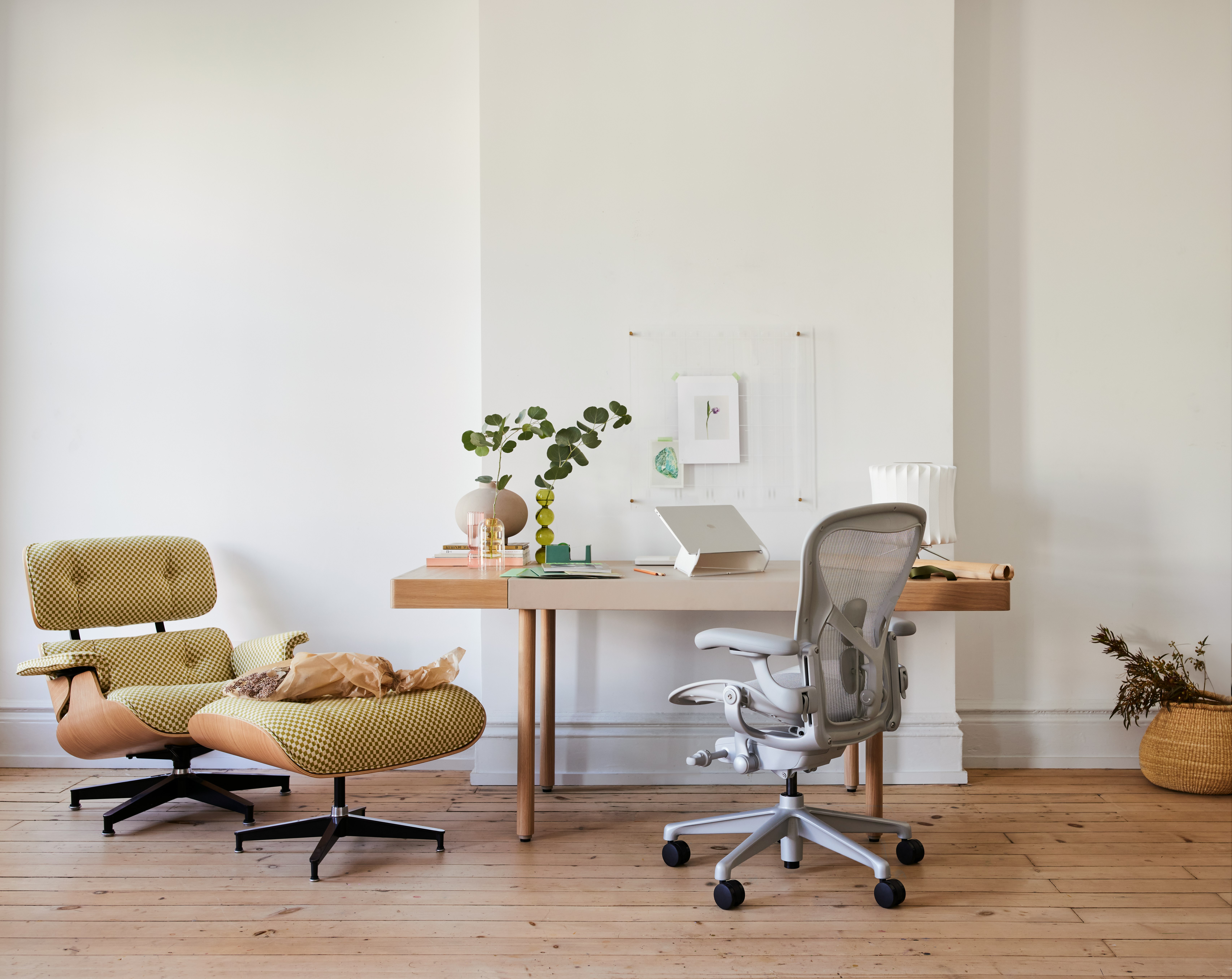 Leatherwrap Sit-to-Stand Desk, 2 Drawer with Aeron Chair and ELO