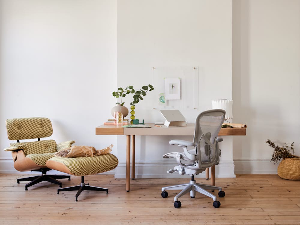 Leatherwrap Sit-to-Stand Desk, 2 Drawer with Aeron Chair and ELO