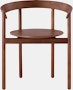 A walnut Comma Chair with arms, viewed from the front.