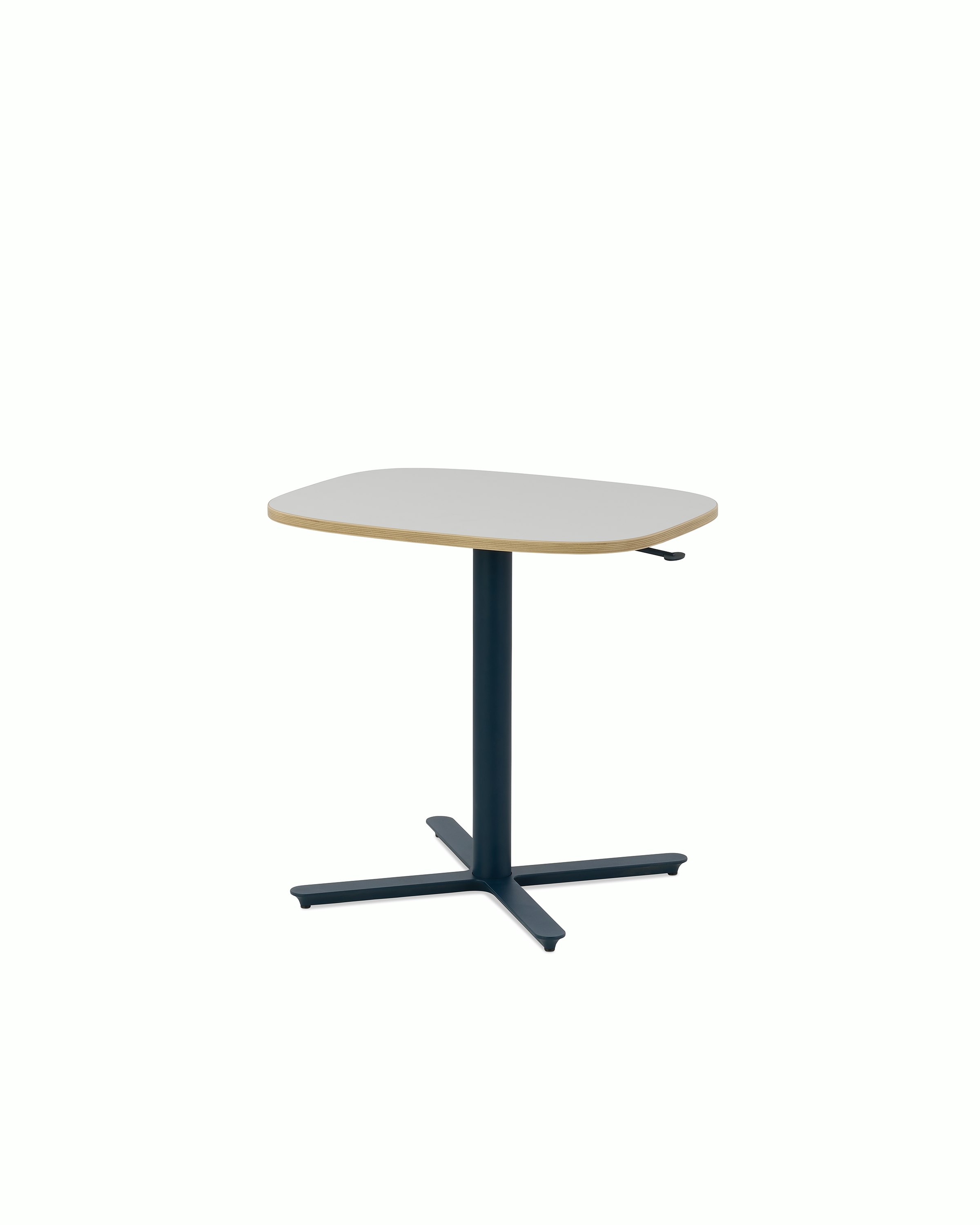 Large Passport Work Table with white surface, plywood edge and blue base on glides.