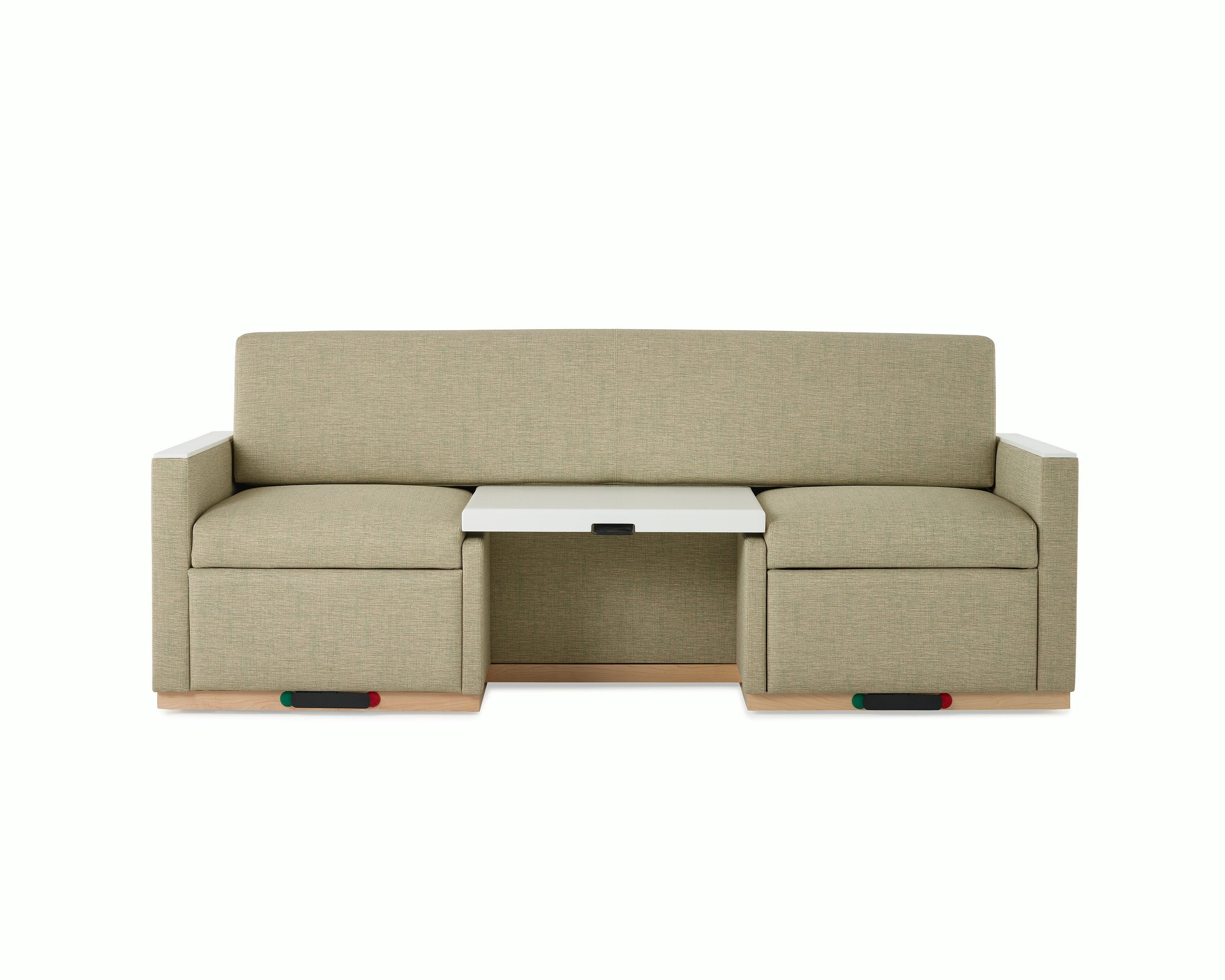 Front view of a Nemschoff Merge 2 Flop Sofa in a beige upholstery with a white center table and a natural maple base.