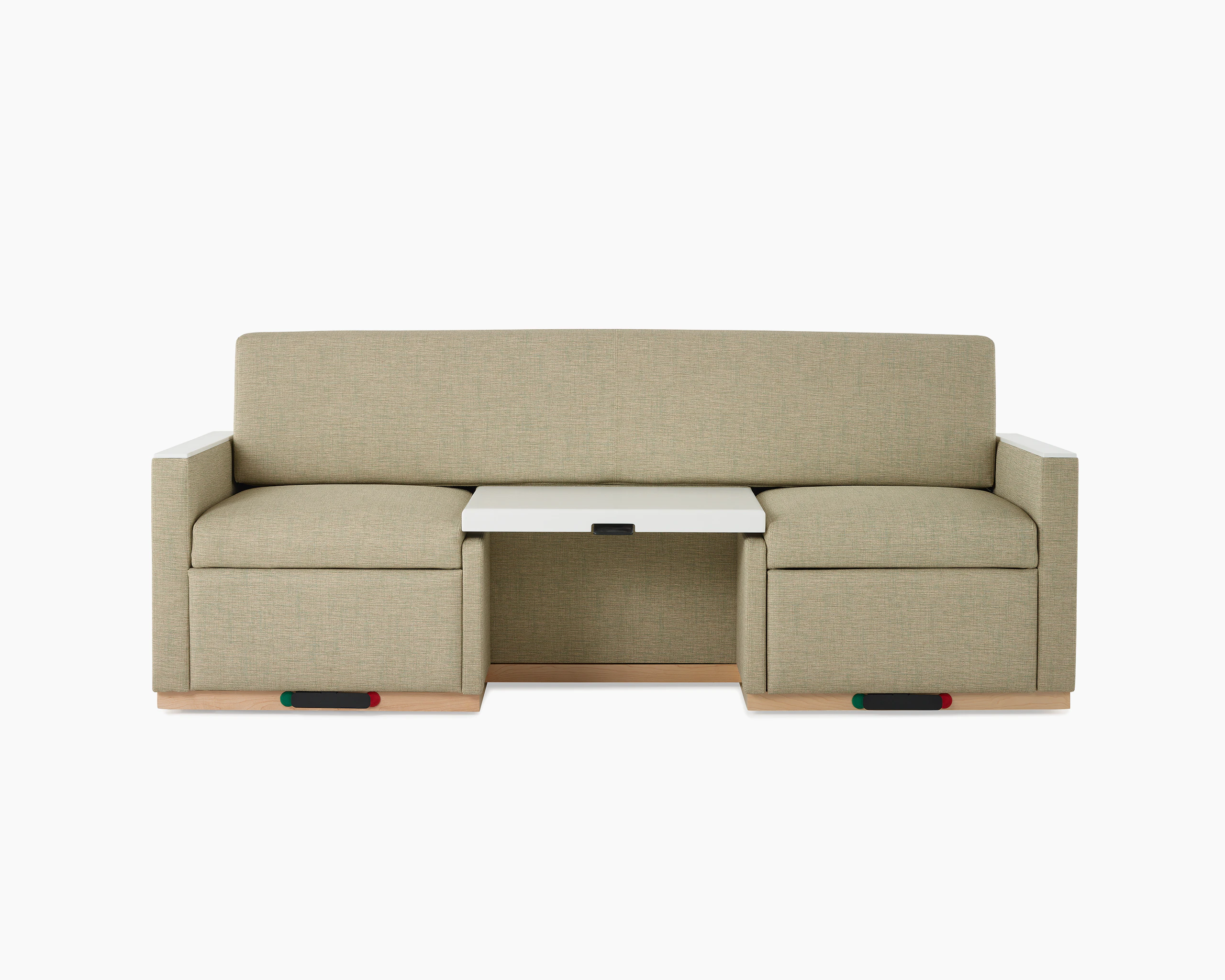 Front view of a Nemschoff Merge 2 Flop Sofa in a beige upholstery with a white center table and a natural maple base.