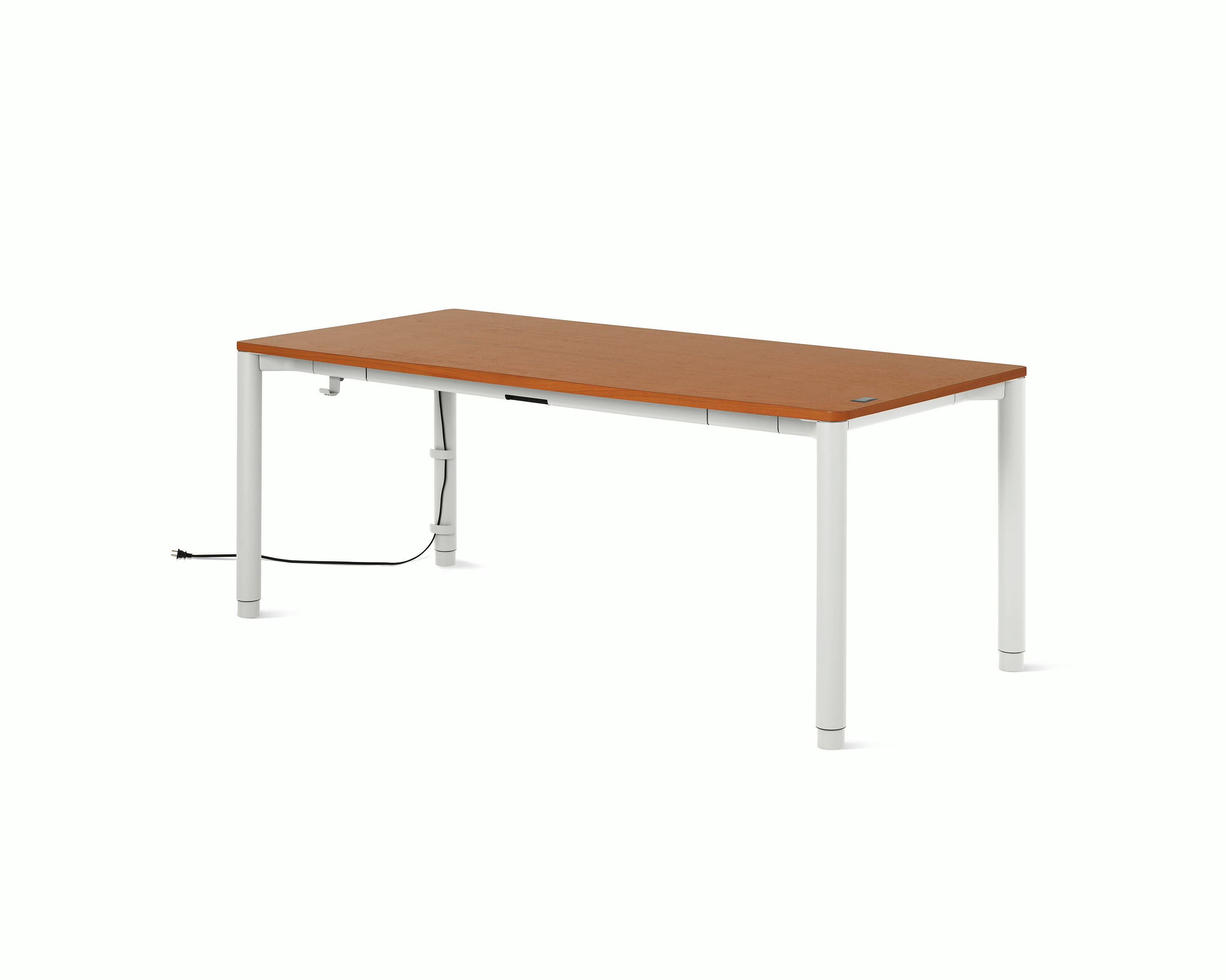 Four leg height-adjustable table shown with a dark woodgrain surface and white legs.