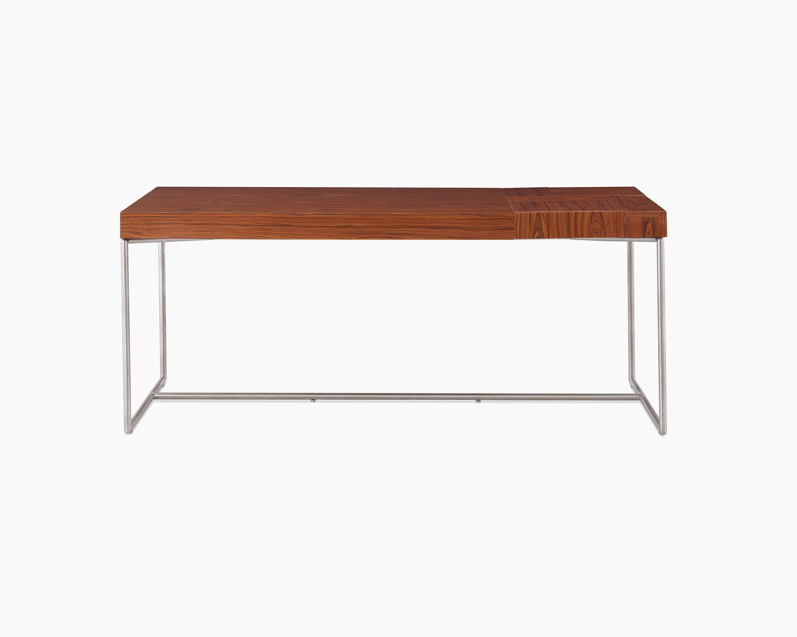 A Domino Desk with wood top and metal base.