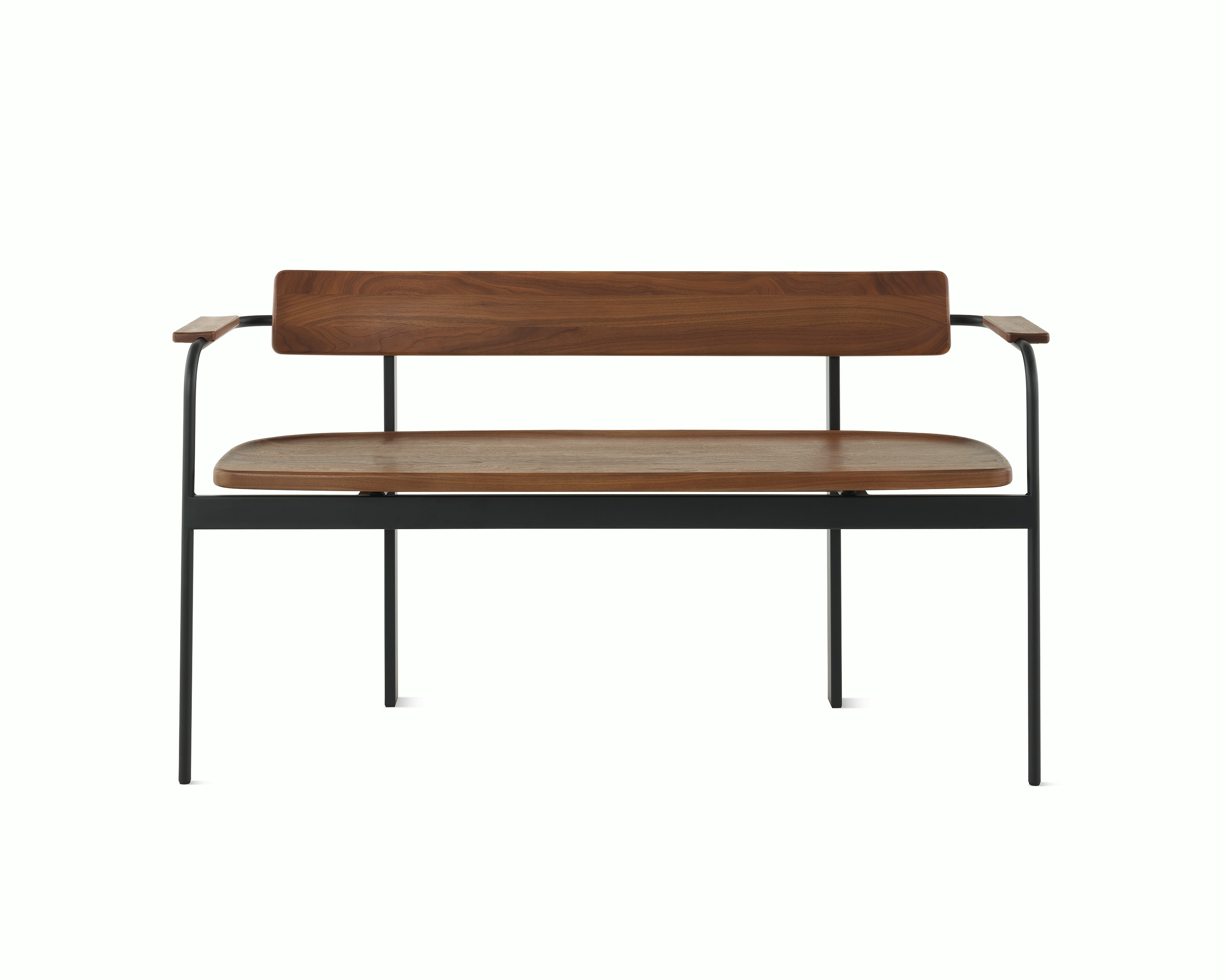 A Betwixt Bench with walnut seat, backrest, and arms with a black frame.