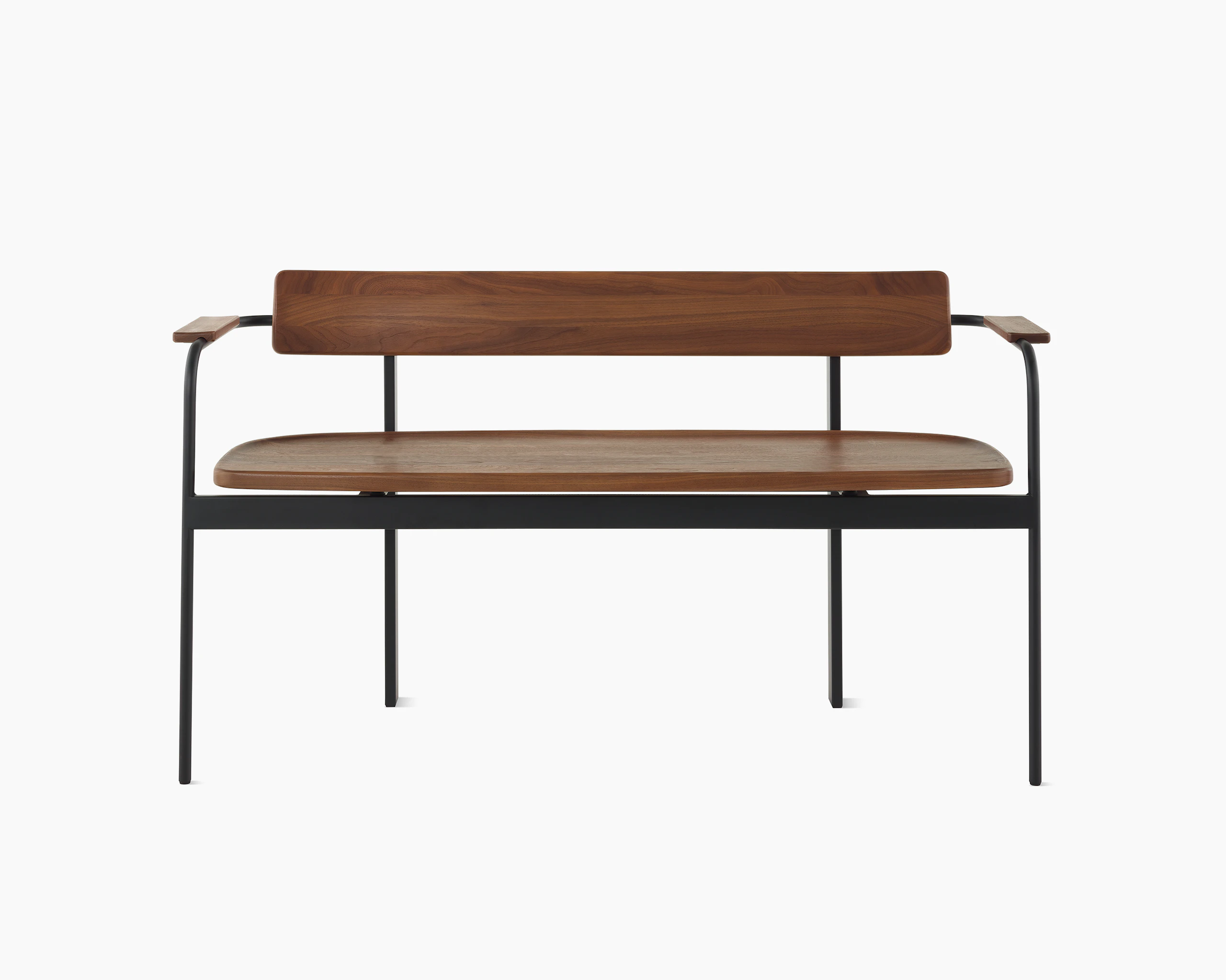 A Betwixt Bench with walnut seat, backrest, and arms with a black frame.
