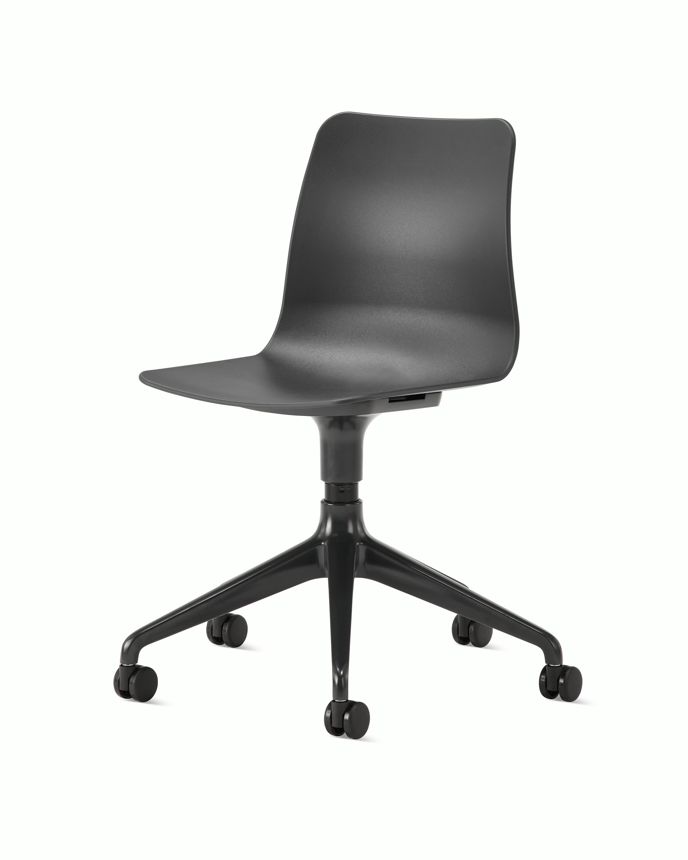 Whitesweep shot of a black grey Polly chair on a black 5 star base.