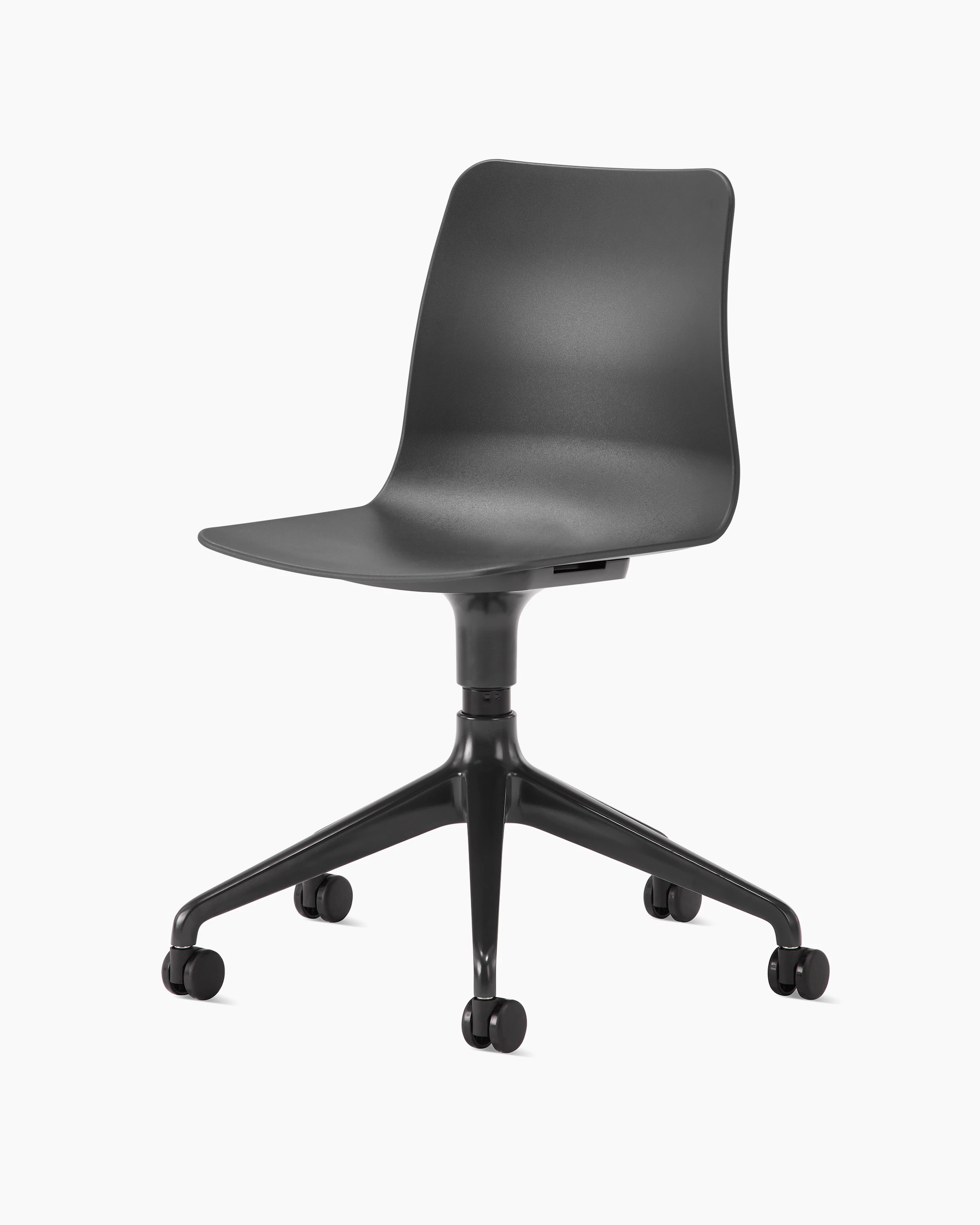 Whitesweep shot of a black grey Polly chair on a black 5 star base.