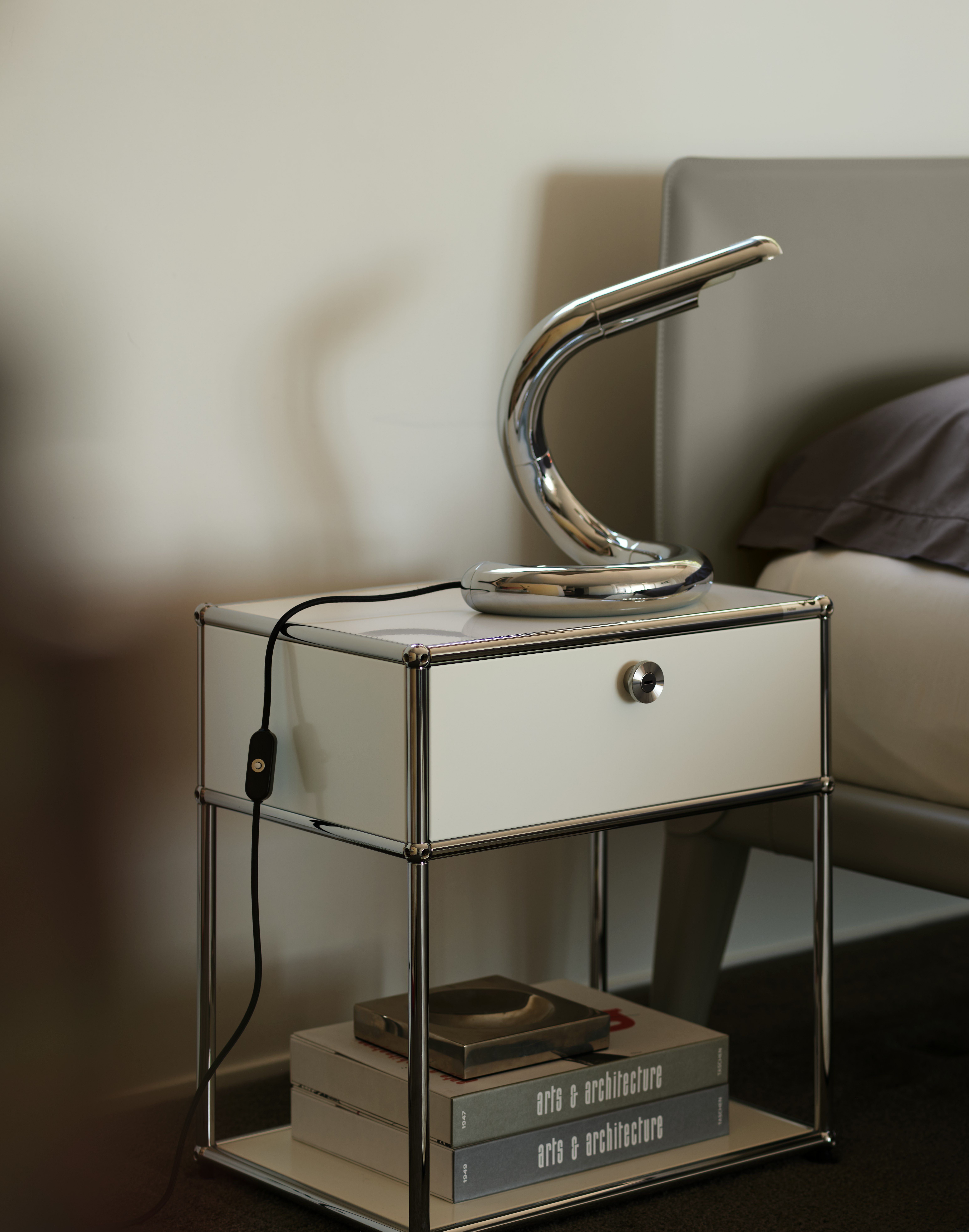 Aspide Table Lamp and USM Haller P2 Bedside Table