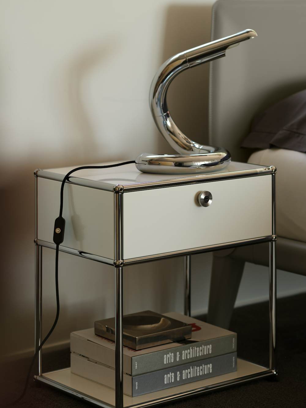 Aspide Table Lamp and USM Haller P2 Bedside Table