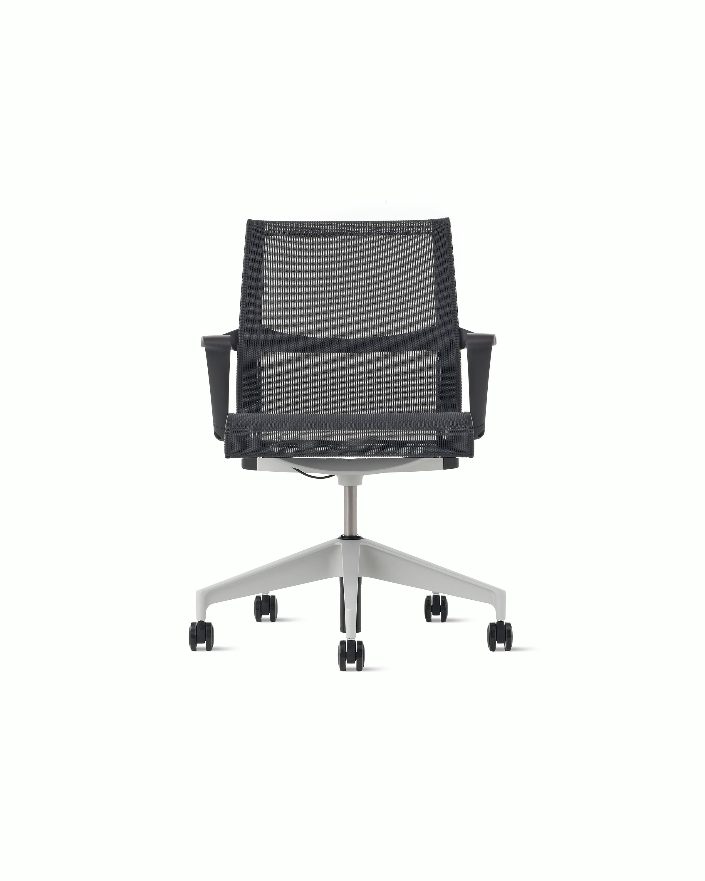 Front view of a Setu chair in dark grey with a silver alloy base.