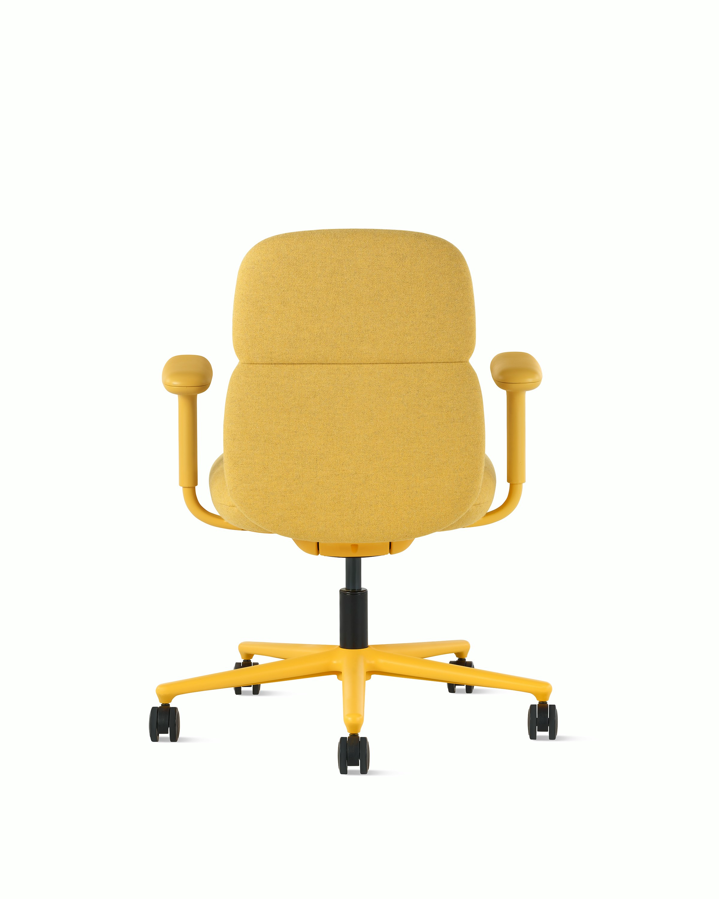 Rear view of a mid-back Asari chair by Herman Miller in yellow with height adjustable arms.