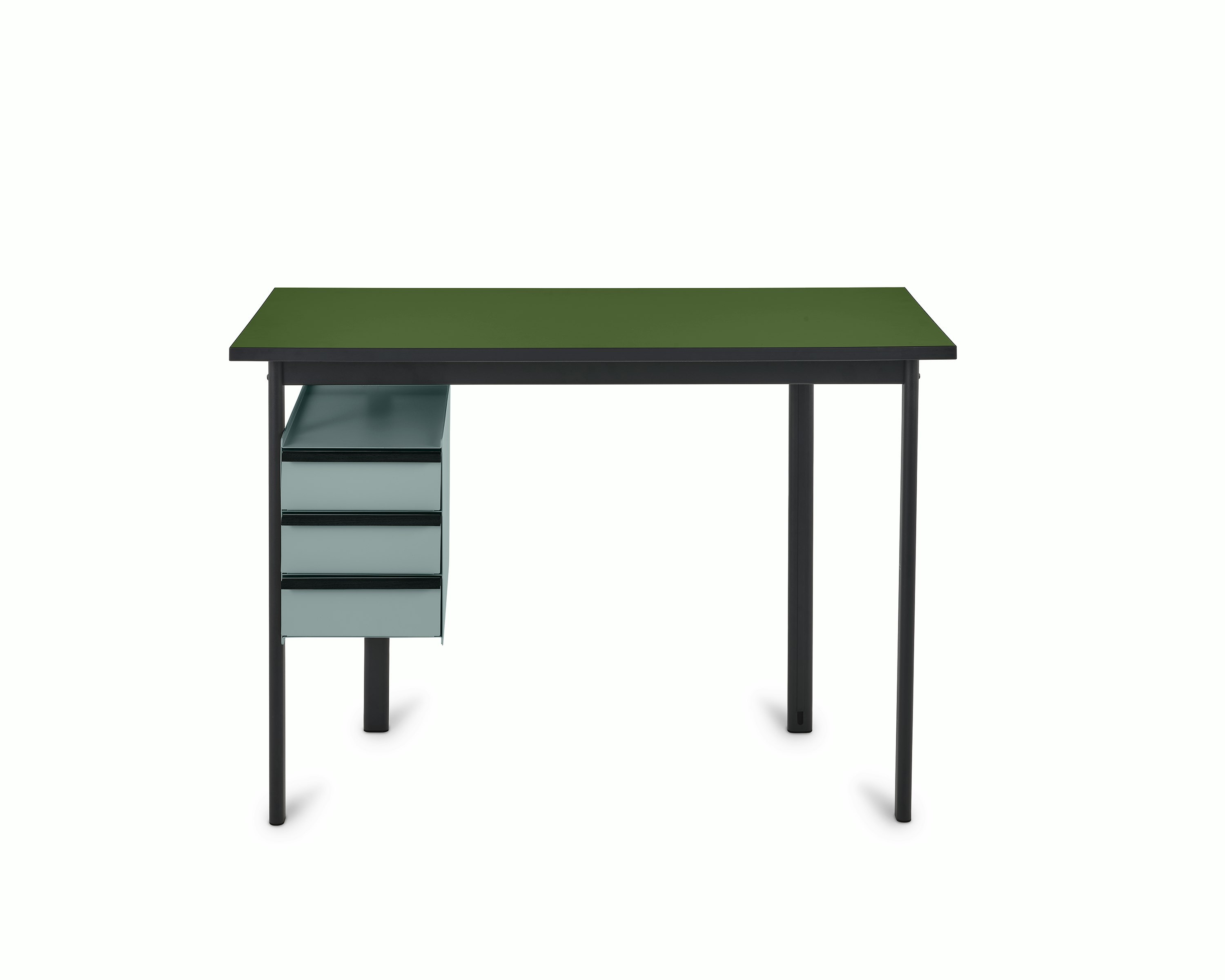 Mode desk in black with pesto top and glacier blue drawers.