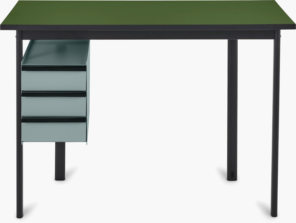 Mode desk in black with pesto top and glacier blue drawers.