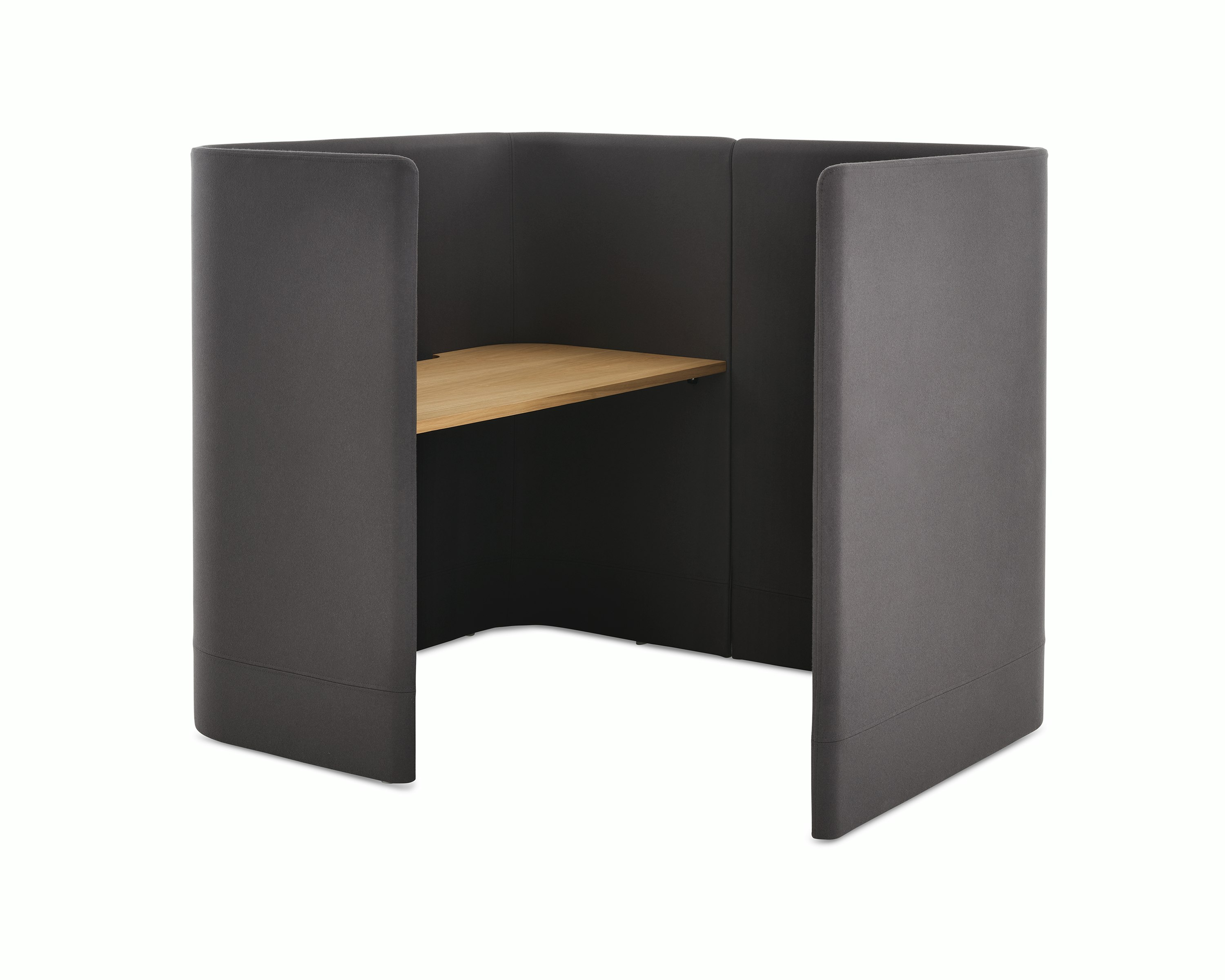 Whitesweep shot of Pullman Desk Pod upholstered in dark grey fabric with an oak desk top.
