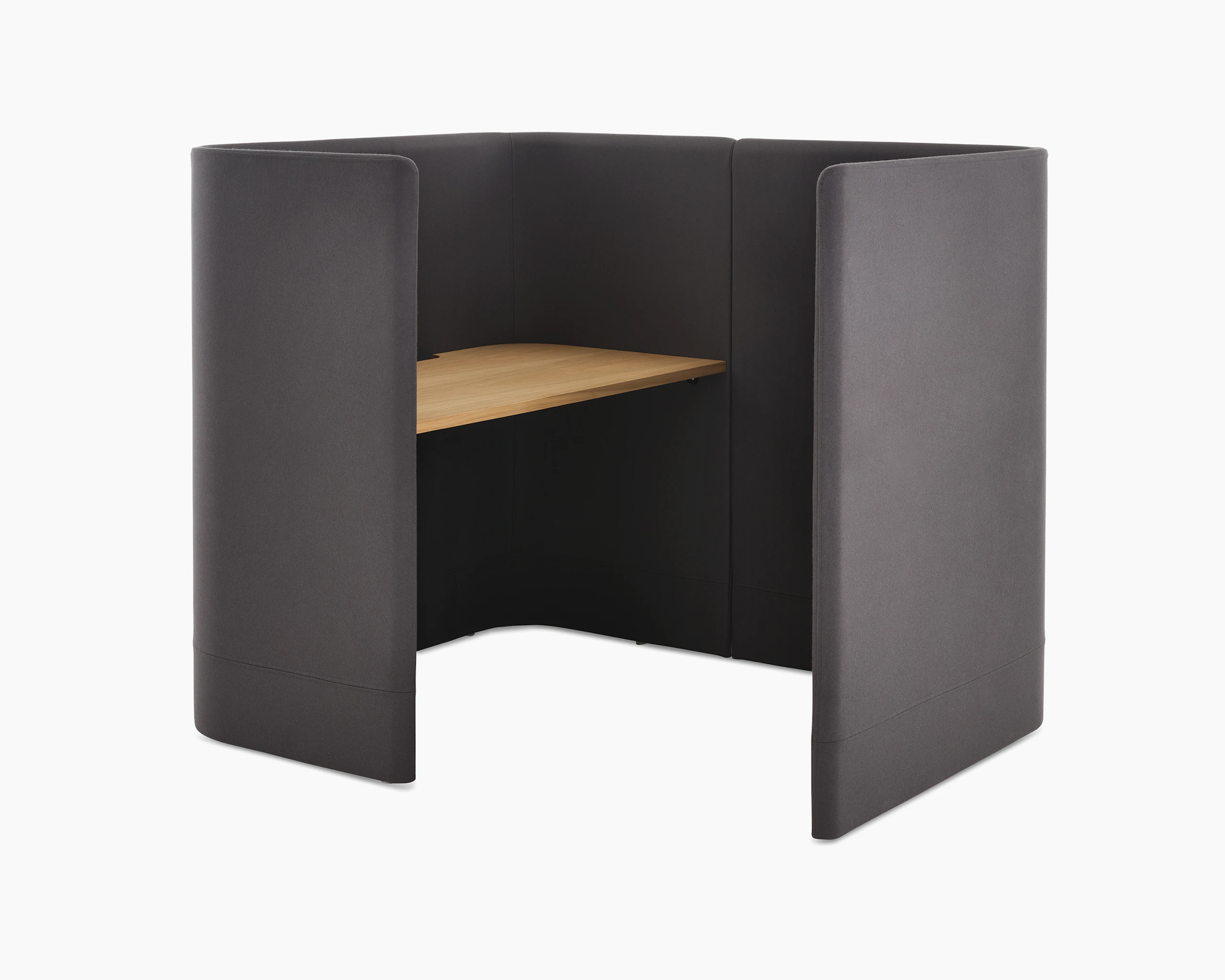 Whitesweep shot of Pullman Desk Pod upholstered in dark grey fabric with an oak desk top.