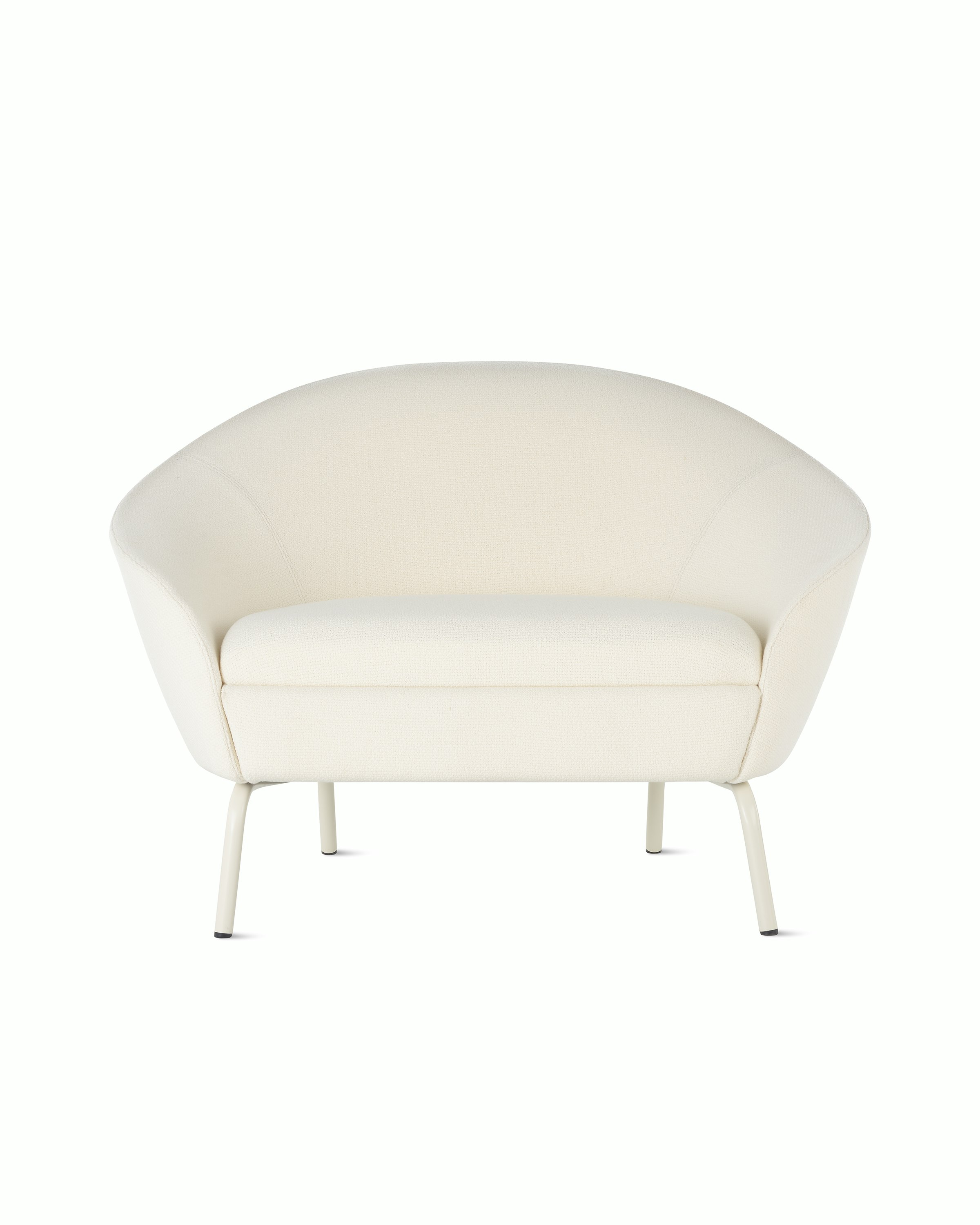 Front view of cream upholstered Ever Lounge Chair with oyster steel legs.
