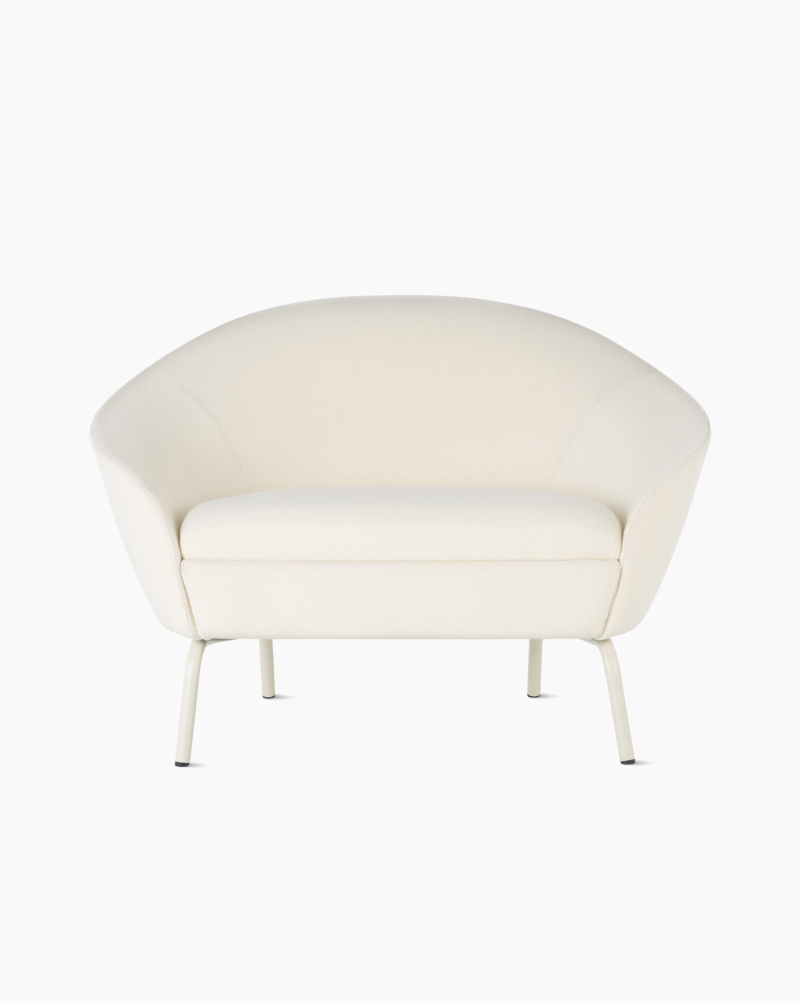 Front view of cream upholstered Ever Lounge Chair with oyster steel legs.