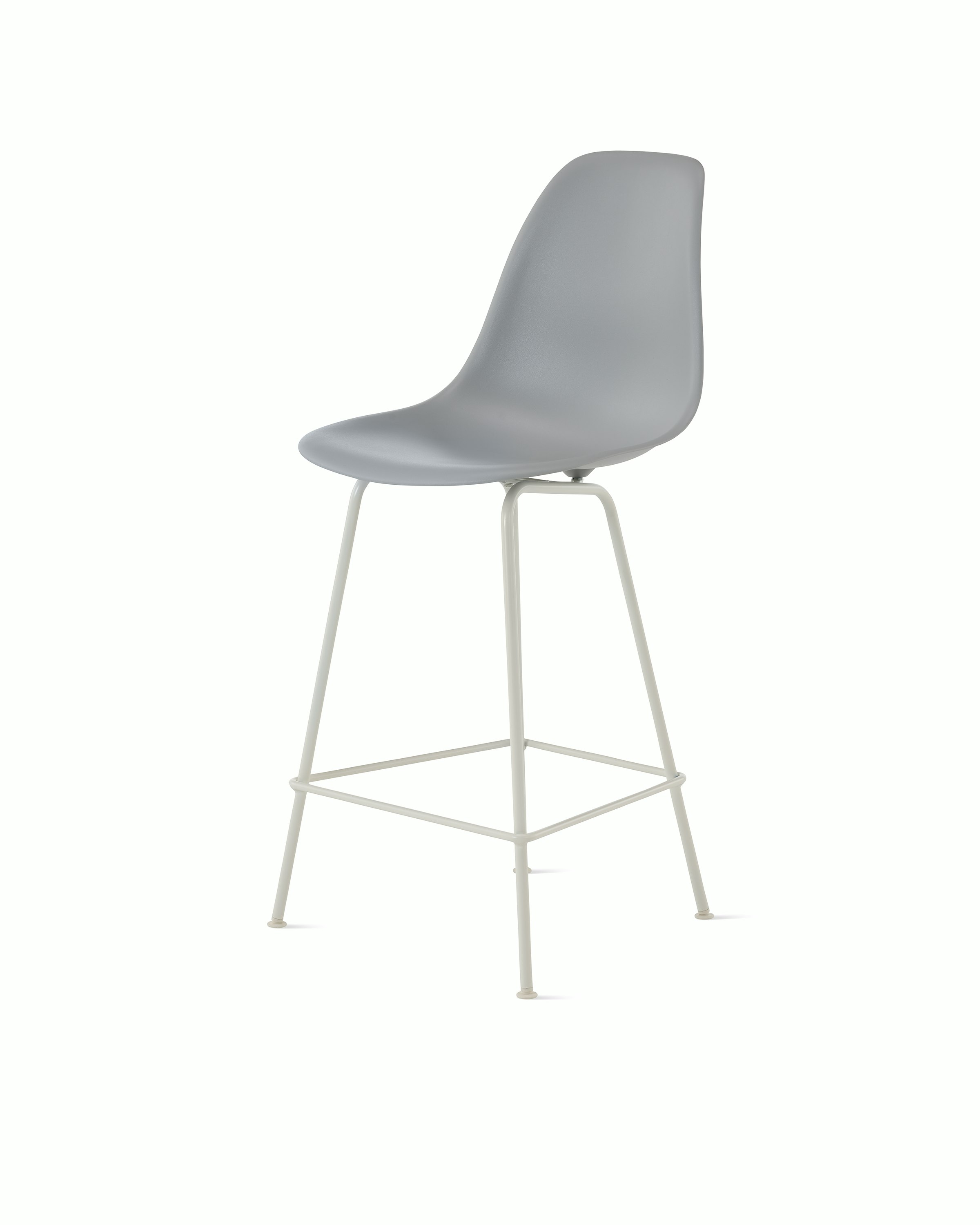 Front angle of light grey plastic shell stool on 4 leg base.