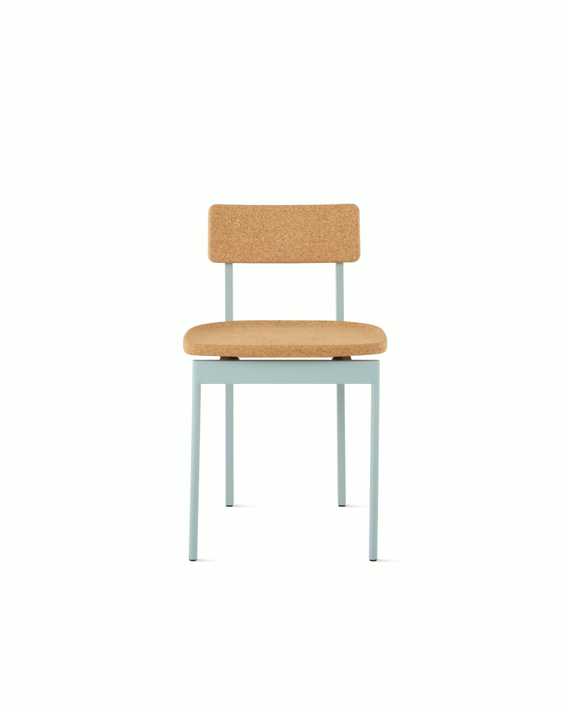 A Betwixt Chair with a cork seat and backrest with a glacier frame. 