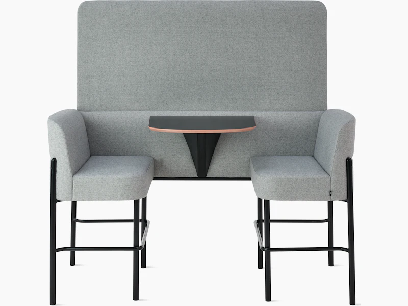 White sweep of Hue booth and screen with grey fabric and black steel base