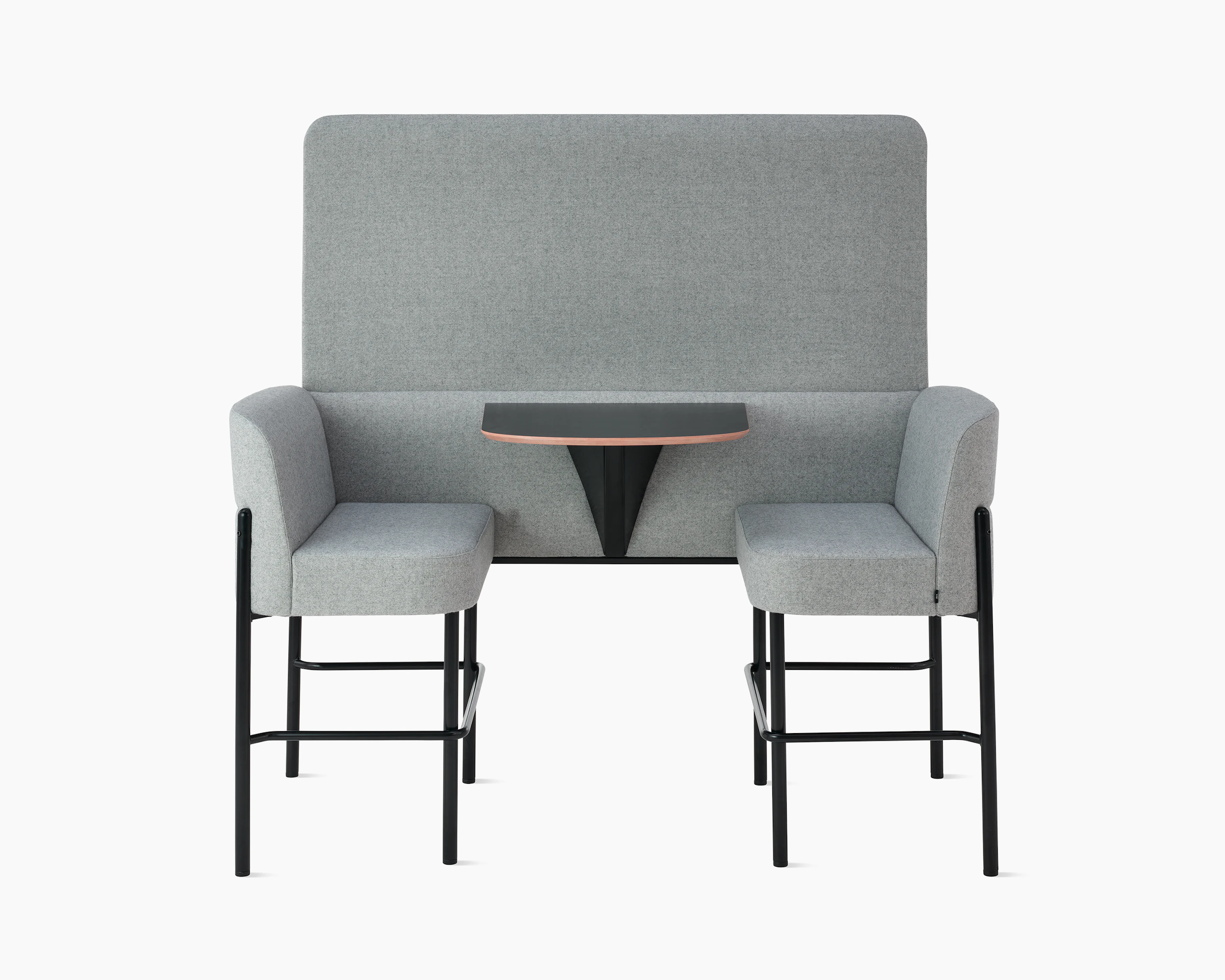 White sweep of Hue booth and screen with grey fabric and black steel base