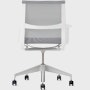 Rear view of a Setu chair with grey suspension, white frame and silver alloy base.